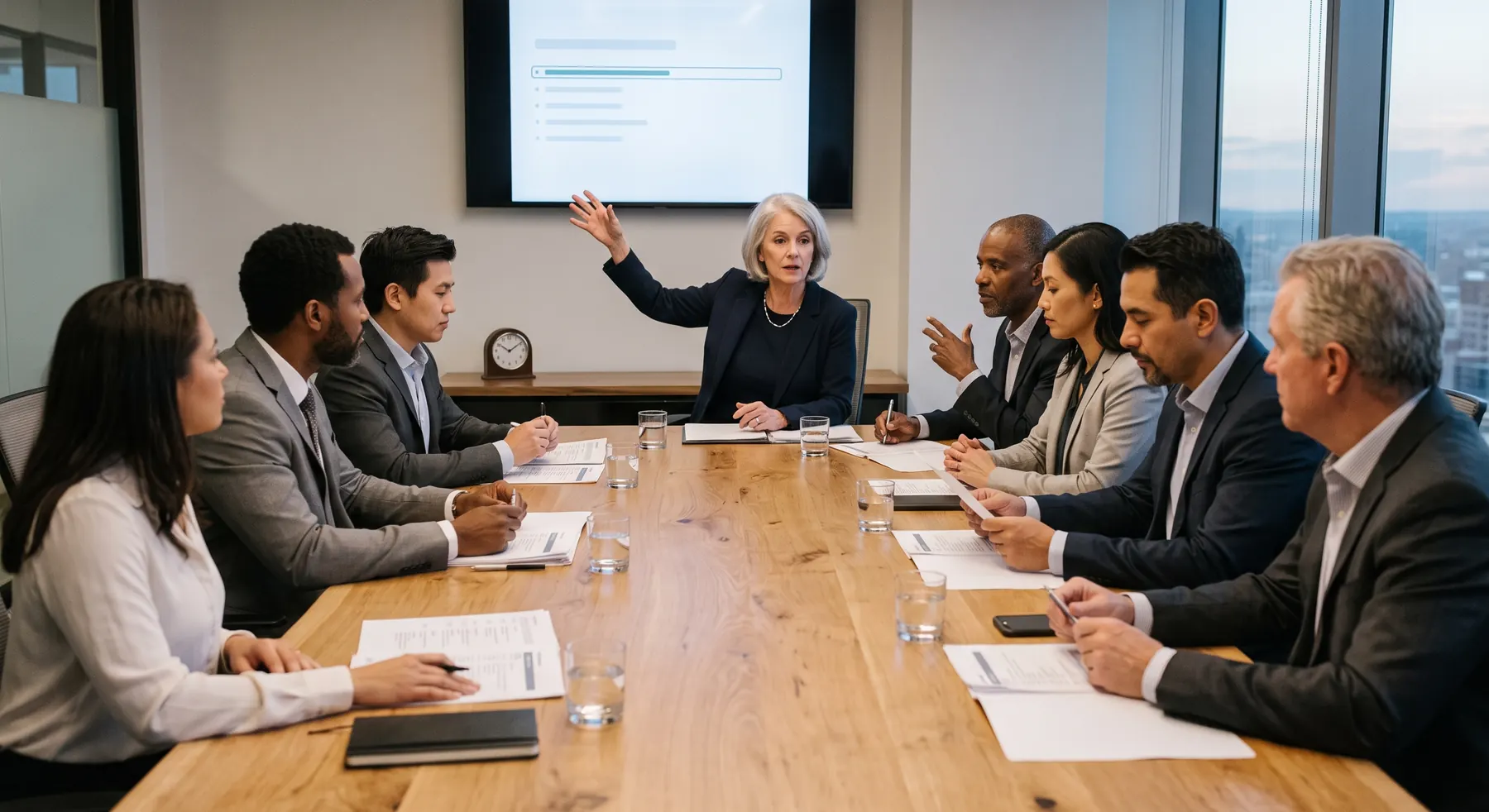 A board chair keeping a meeting on schedule with a timed agenda on screen while directors follow printed agendas around the boardroom table