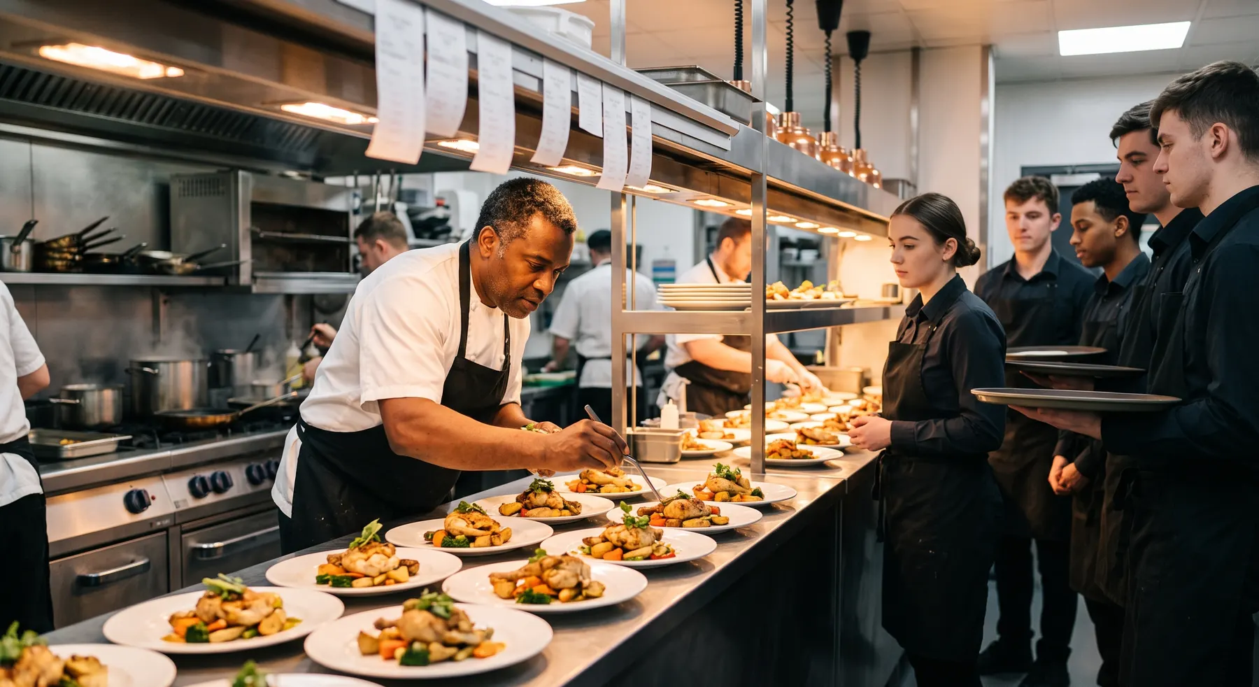 A head chef finishing a long row of plated main courses at the pass while servers line up to carry them to the dining room