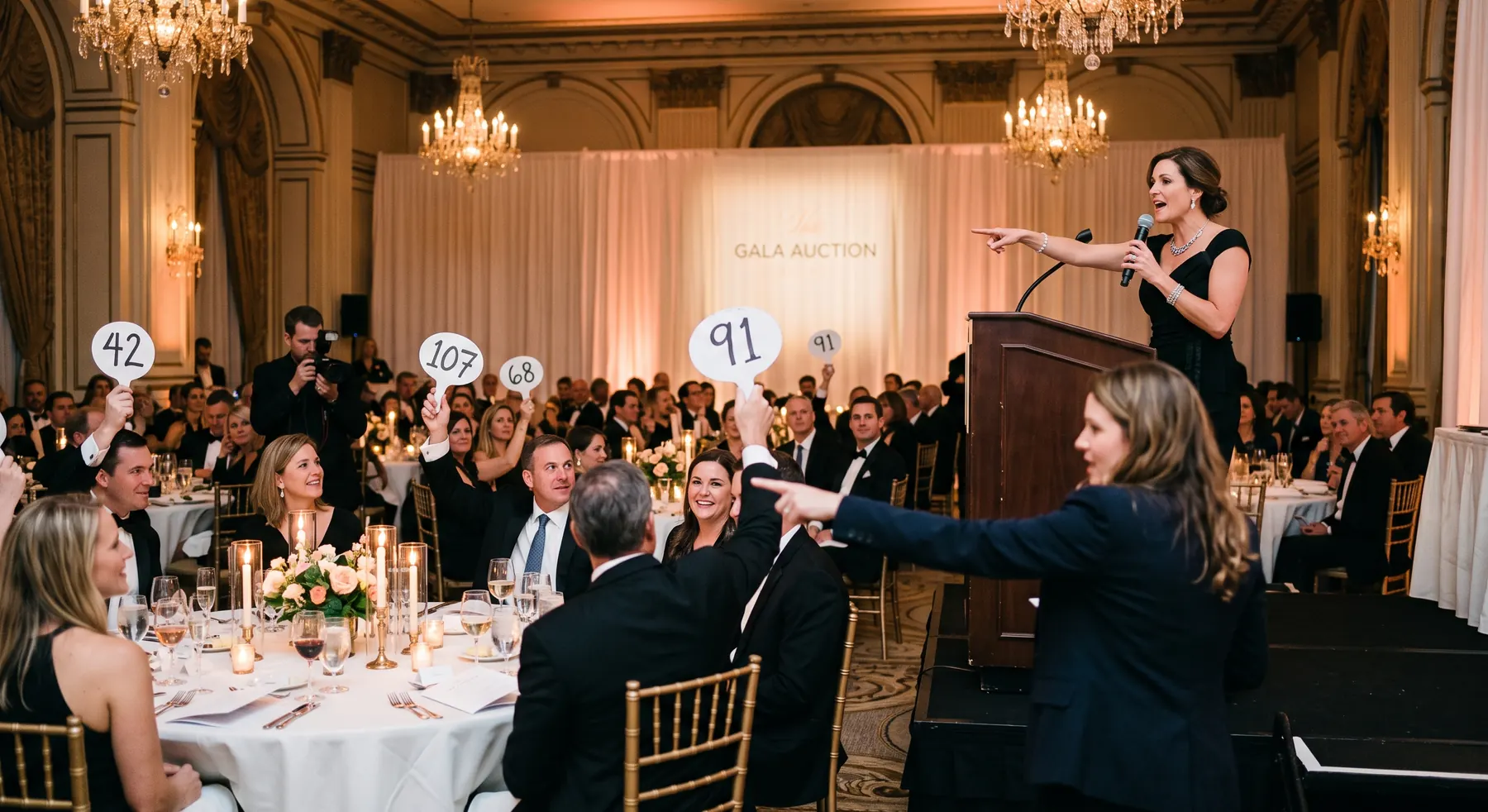 An auctioneer on stage at a charity gala as guests at candlelit tables raise numbered bidding paddles and a volunteer spots a bid