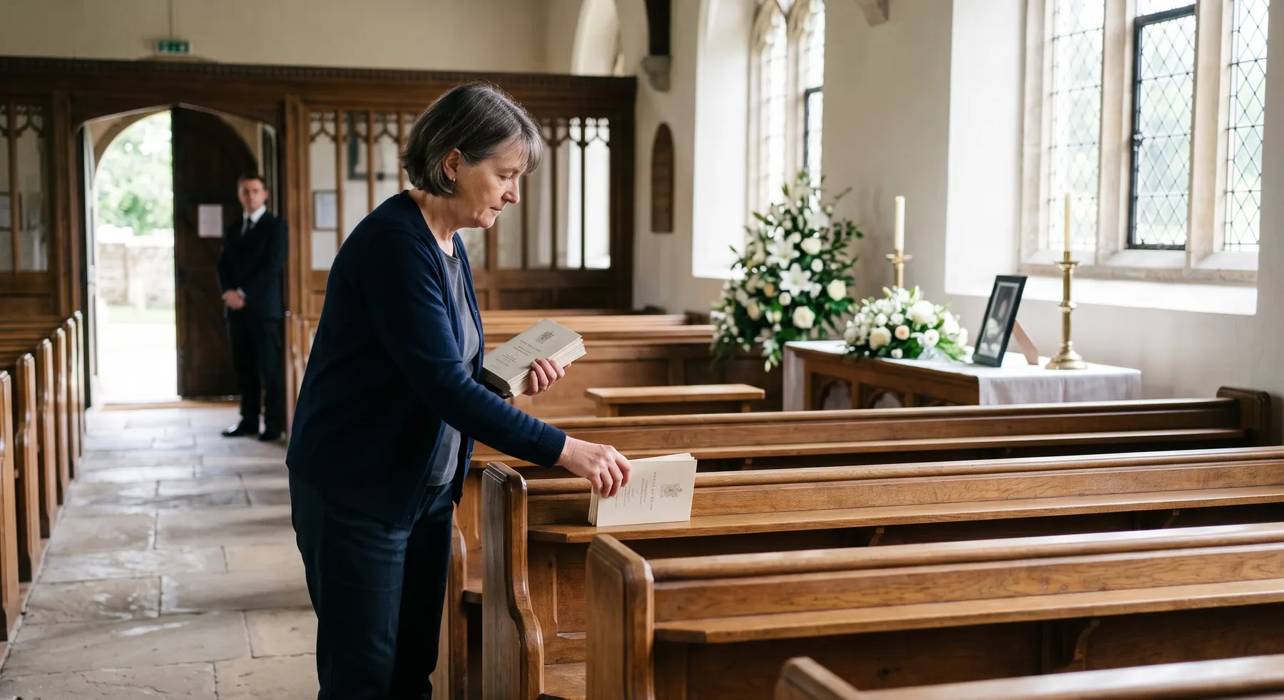 A coordinator setting out printed orders of service along the pews of a quiet chapel before a memorial service