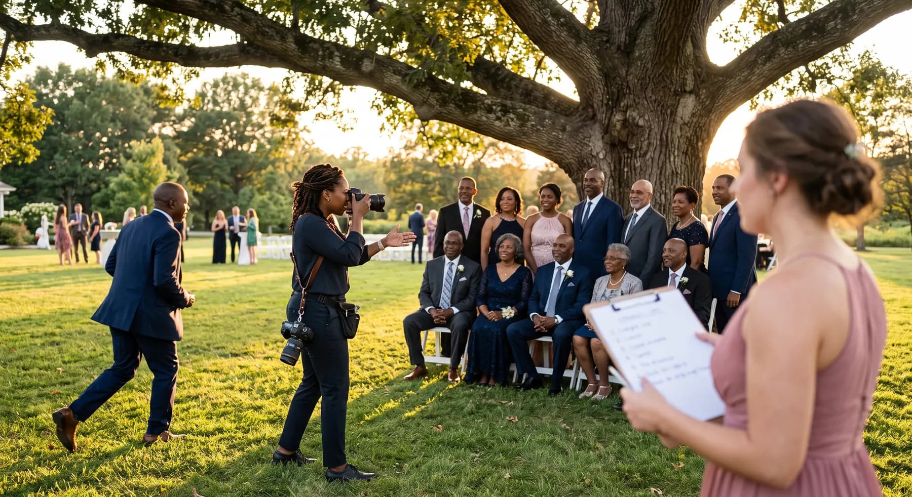 A wedding photographer directing a family group photo on the lawn at golden hour while a bridesmaid holds the numbered shot list