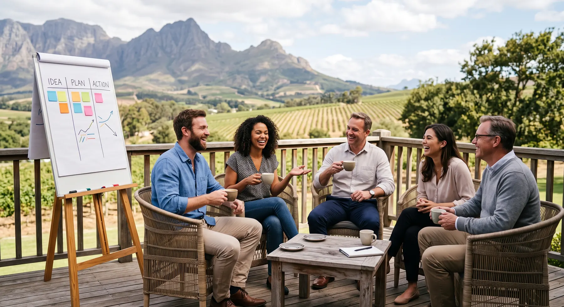 Colleagues in conversation on a lodge deck overlooking vineyards during a company offsite, with the three-day plan on a flipchart beside them