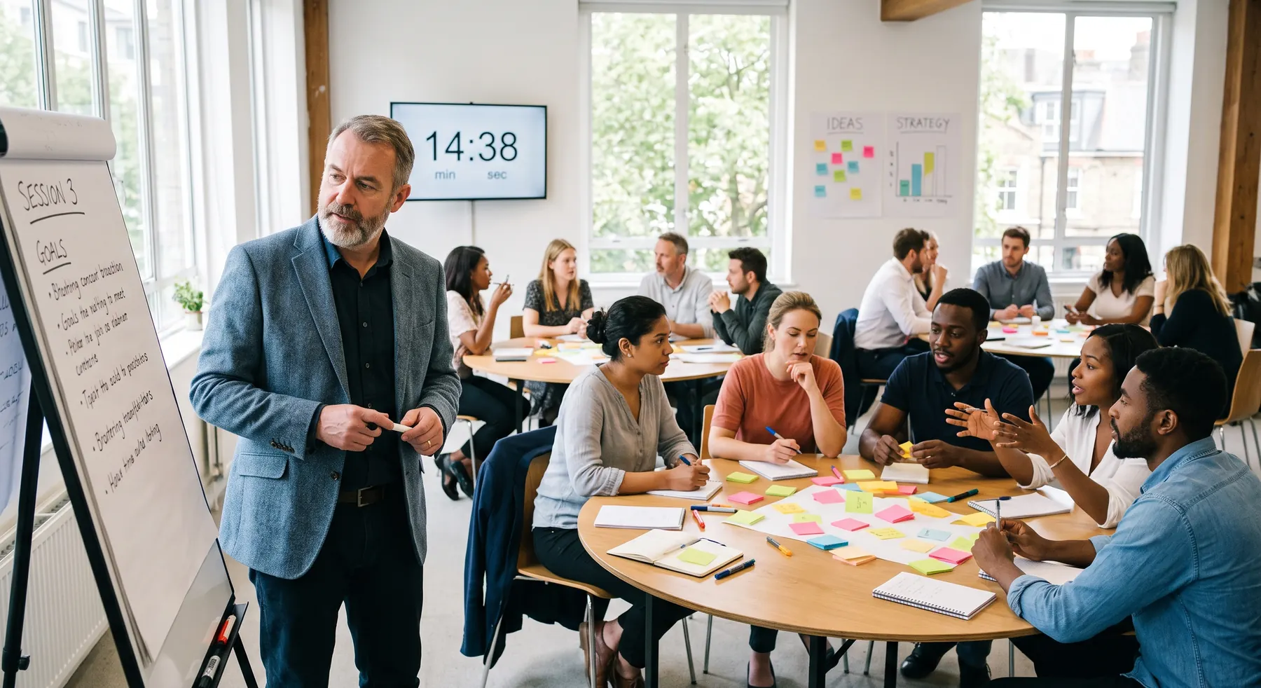 A workshop facilitator checking the countdown timer on screen while small groups work through an exercise at tables covered in sticky notes