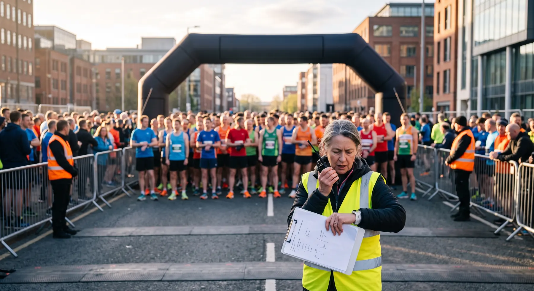 A race director with a radio and clipboard checking the time at dawn as runners wait in the start pen behind the start arch