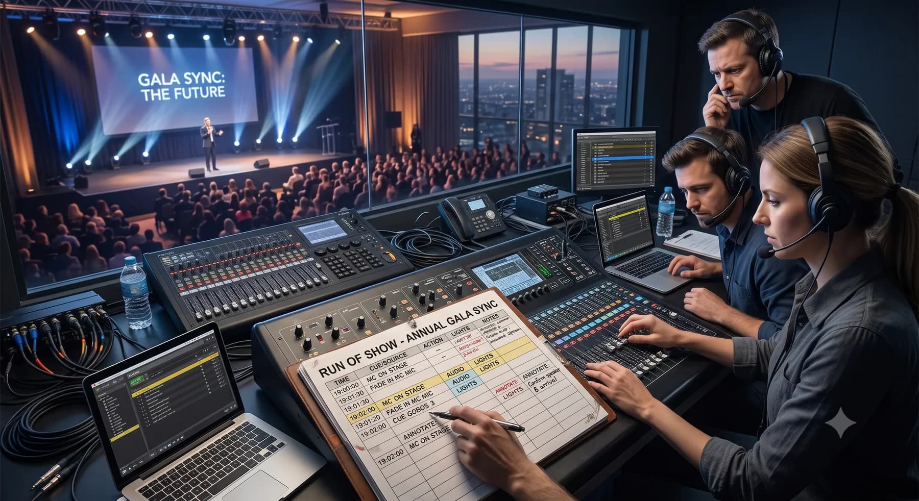 Production crew in a control booth following a run of show cue sheet while operating lighting and sound for a live event on stage