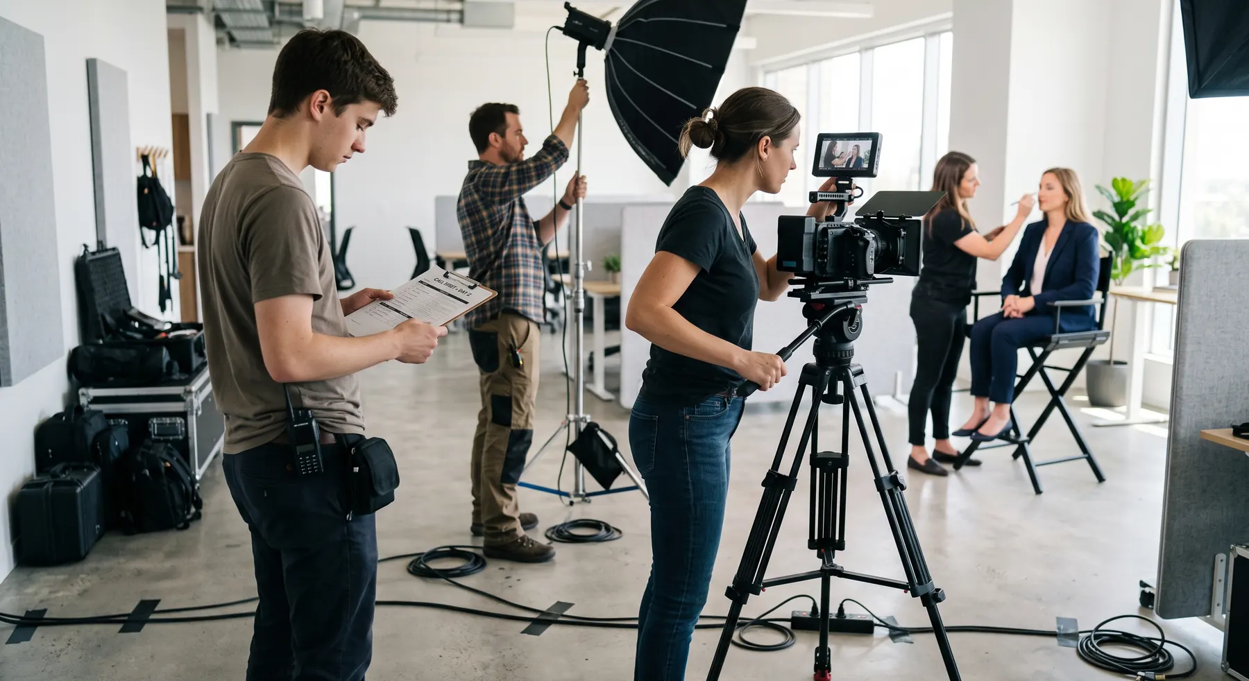 A production coordinator reviewing the call sheet on a corporate video shoot as the camera operator frames a shot and the presenter is in makeup