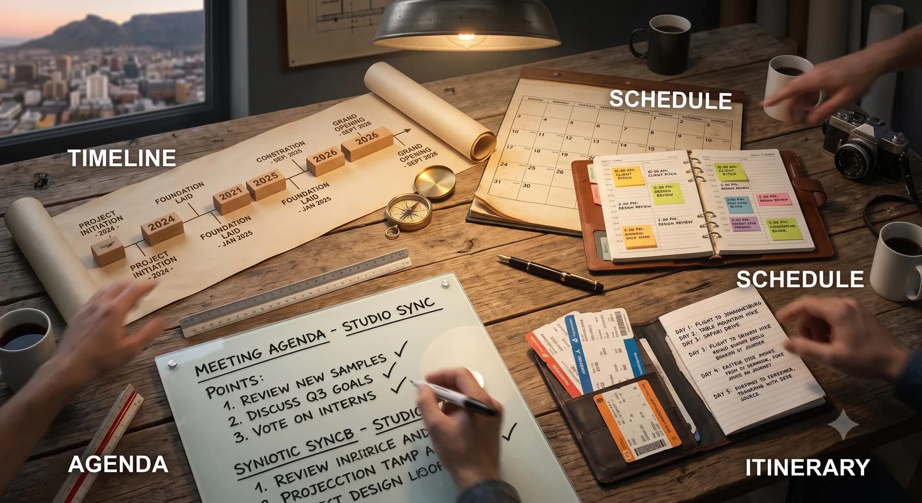 Desk flat lay comparing a project timeline scroll, a wall calendar schedule, a meeting agenda notepad, and a travel itinerary notebook