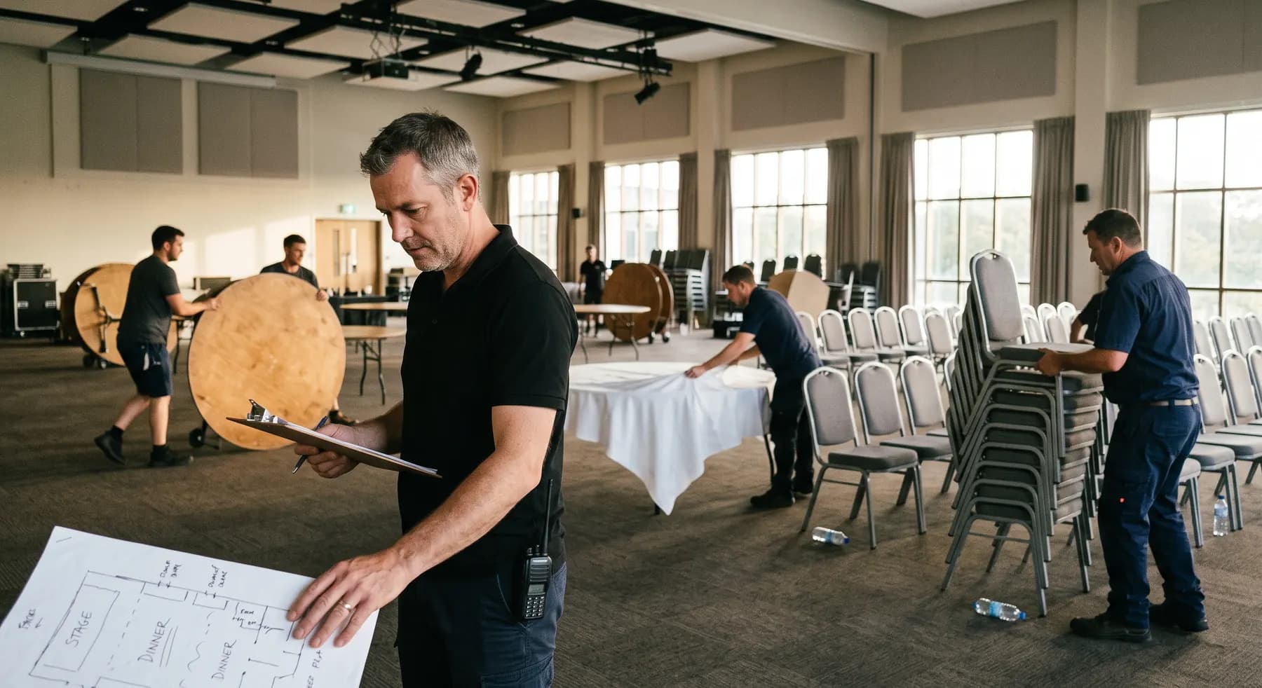 Venue crew flipping a hall between a daytime conference and an evening dinner while the venue manager checks the floor plan on a clipboard