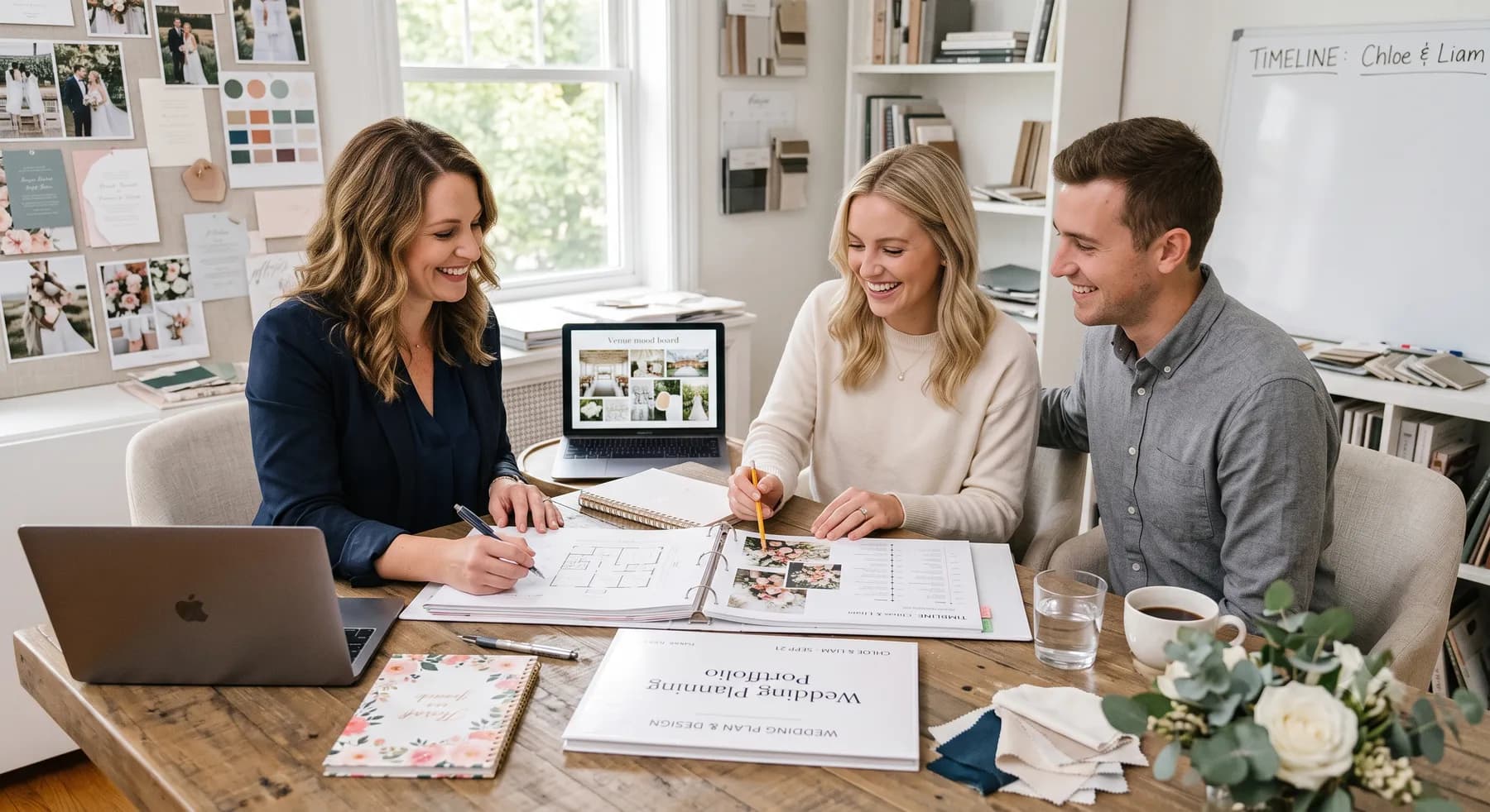 A wedding planner reviewing a wedding timeline and planning portfolio with an engaged couple in her studio