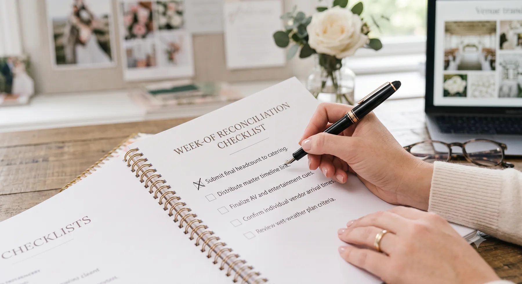 Hand checking off items on a week-of event reconciliation checklist, including distribute master timeline link and finalize AV and entertainment cues