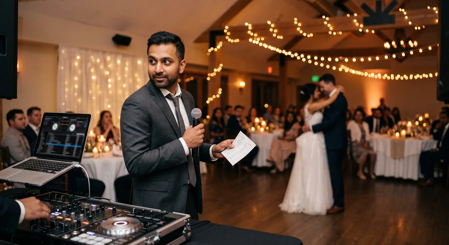 A wedding MC holding the numbered reception running order at the DJ booth as the couple begins their first dance in the background