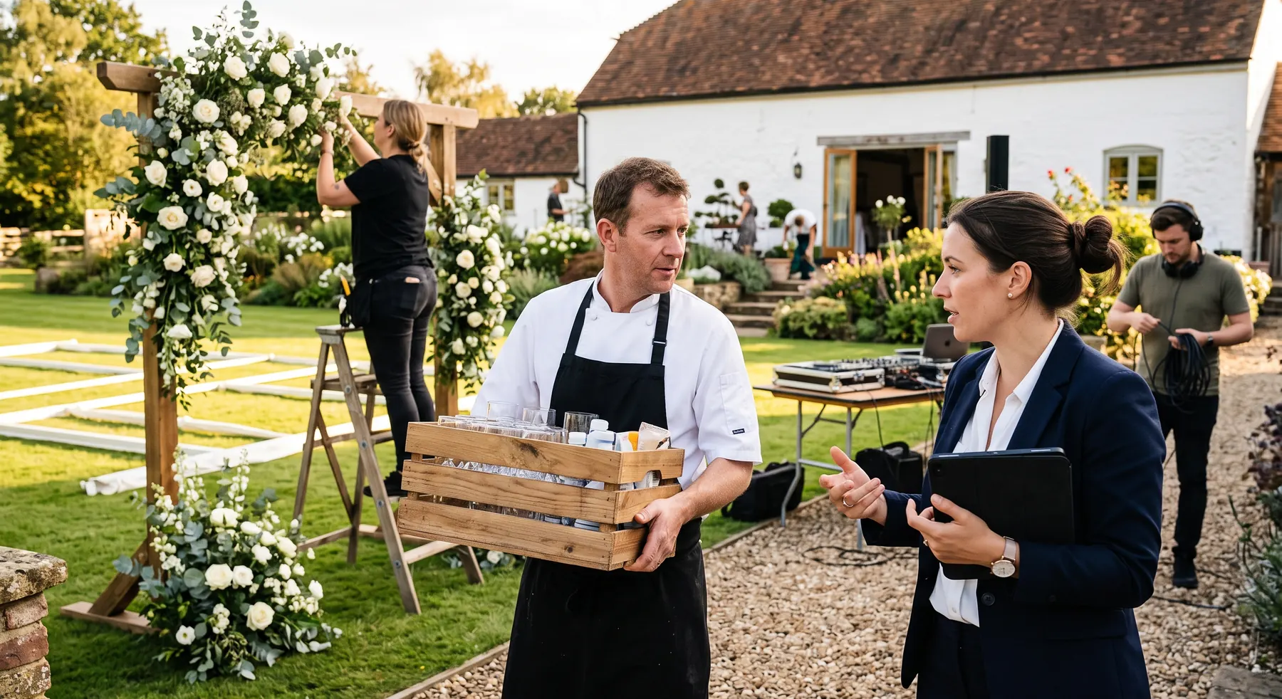 A wedding coordinator checking the day's timeline on a tablet with the caterer while a florist dresses the ceremony arch and a DJ sets up behind them