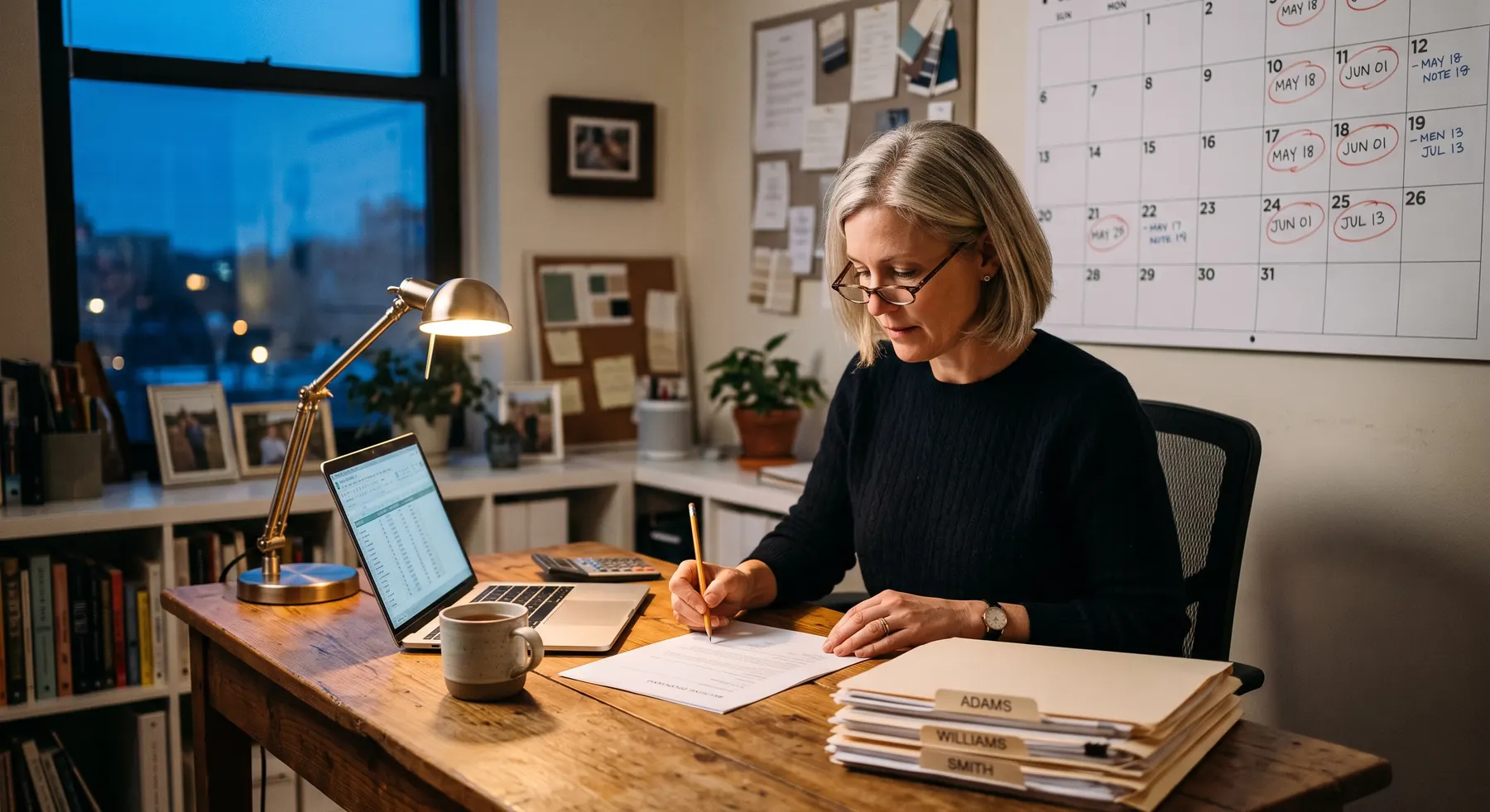 A wedding planner at her desk in the evening reviewing a coordination proposal alongside a pricing spreadsheet and a calendar of booked weekends
