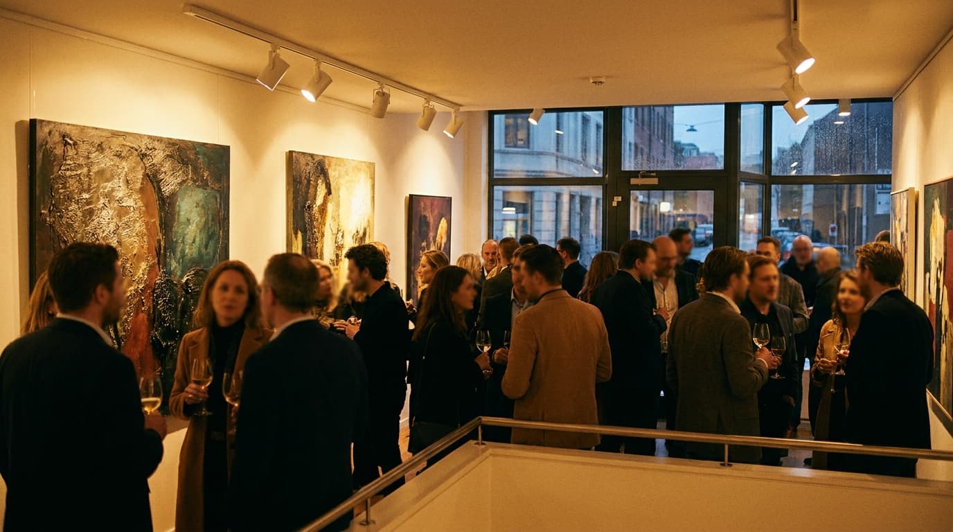 A bustling art gallery opening reception with guests viewing framed artwork on crisp white gallery walls.