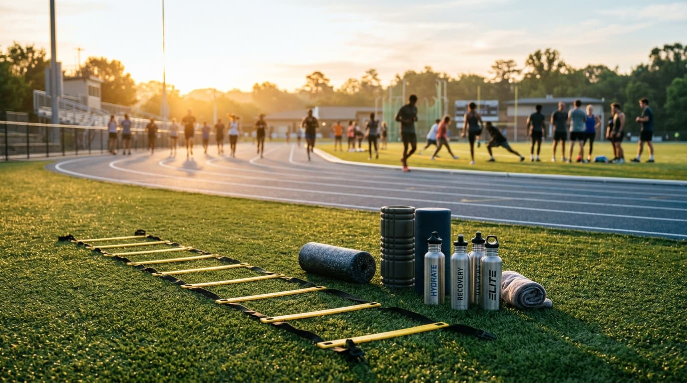 Coaches and athletes reviewing conditioning schedules and tactical playbooks on a sports field during a training camp