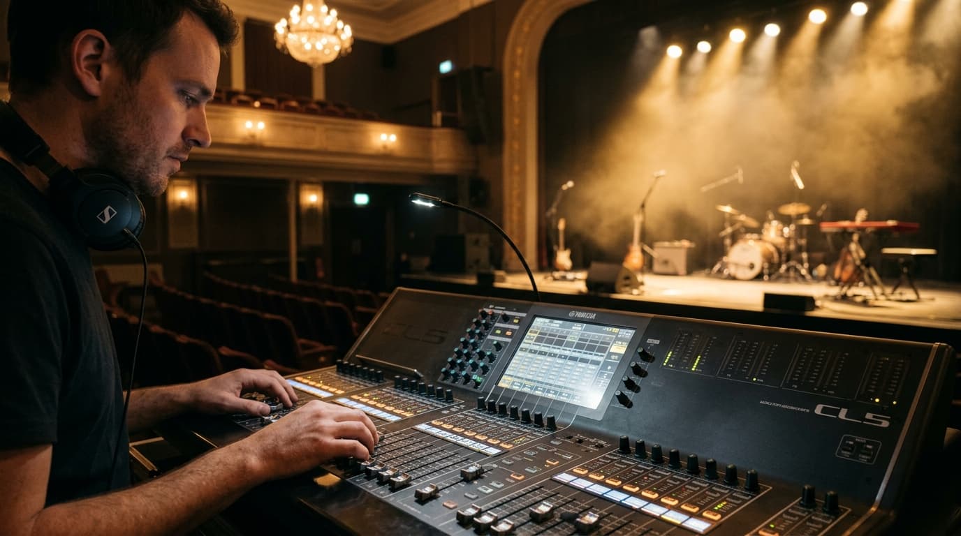 Front of house audio control mixing console facing a lit event stage in a corporate auditorium venue
