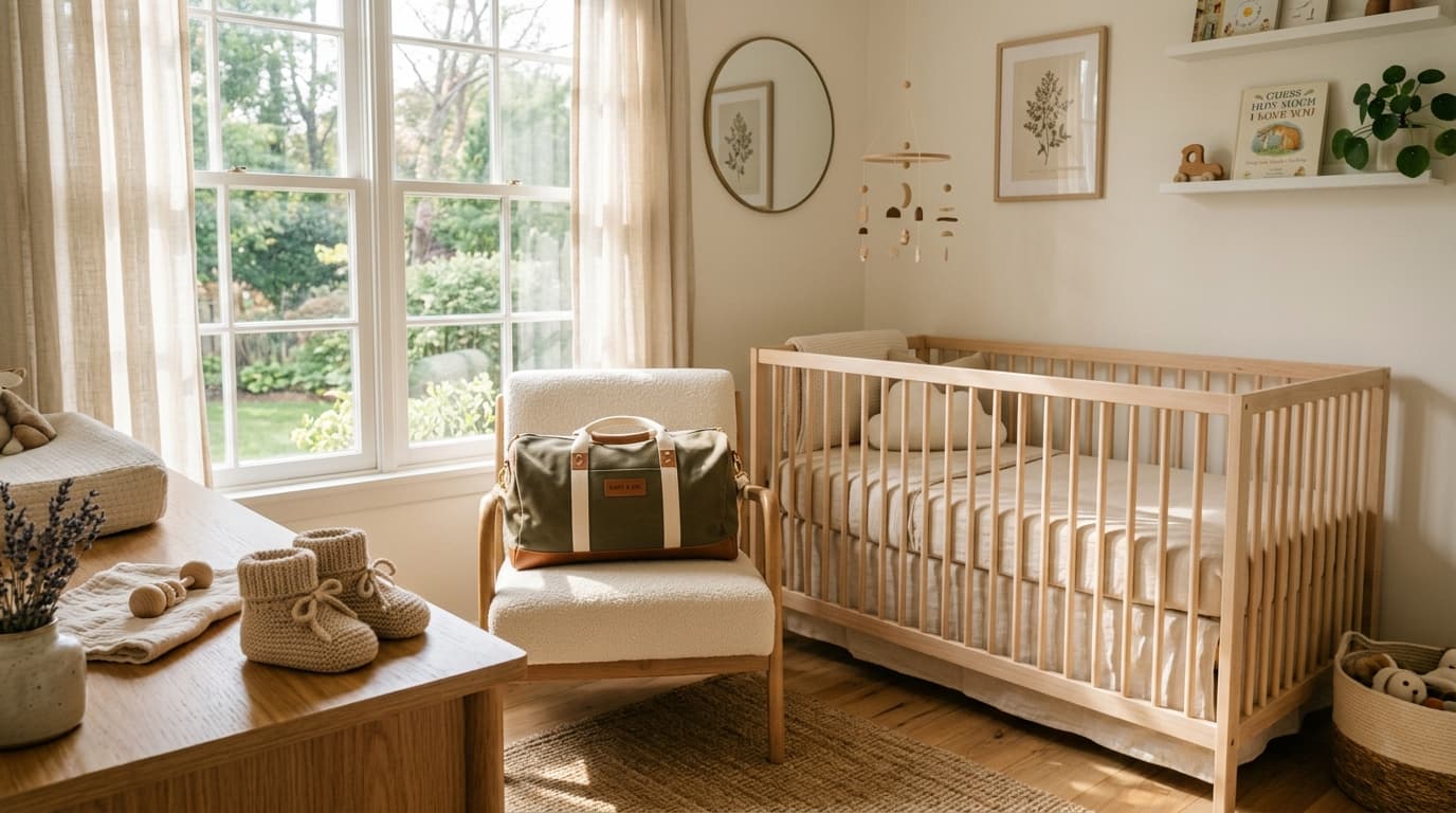 Expectant parents reviewing a nursery checklist and organizing baby clothes in a sunlit home nursery.