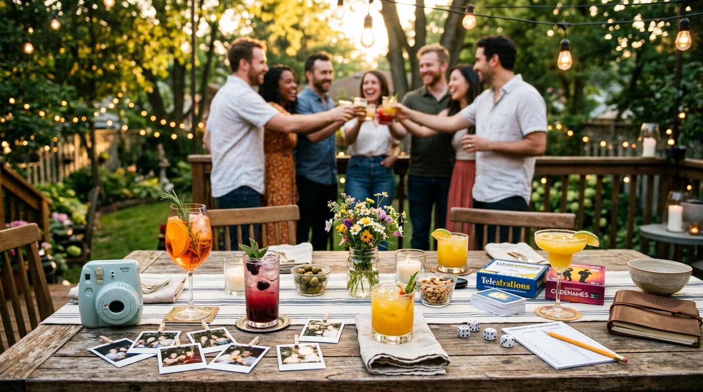 Friends celebrating a weekend trip around a resort lounge table with customized drinks and decorative party favours.