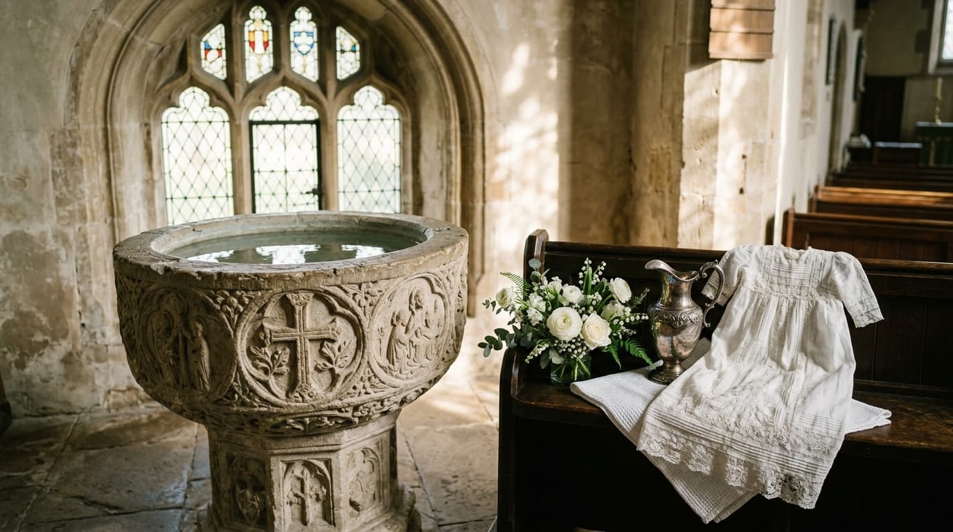 A decorated church sanctuary baptismal font with a white christening garment and candle.
