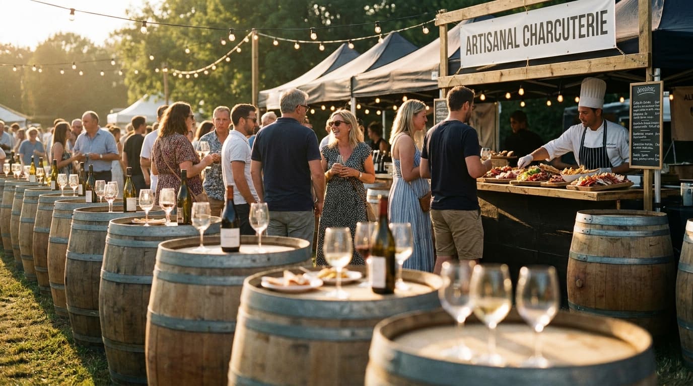 Attendees enjoying craft beer and wine tastings in a bustling festival hall with wooden tasting booths and string lights.
