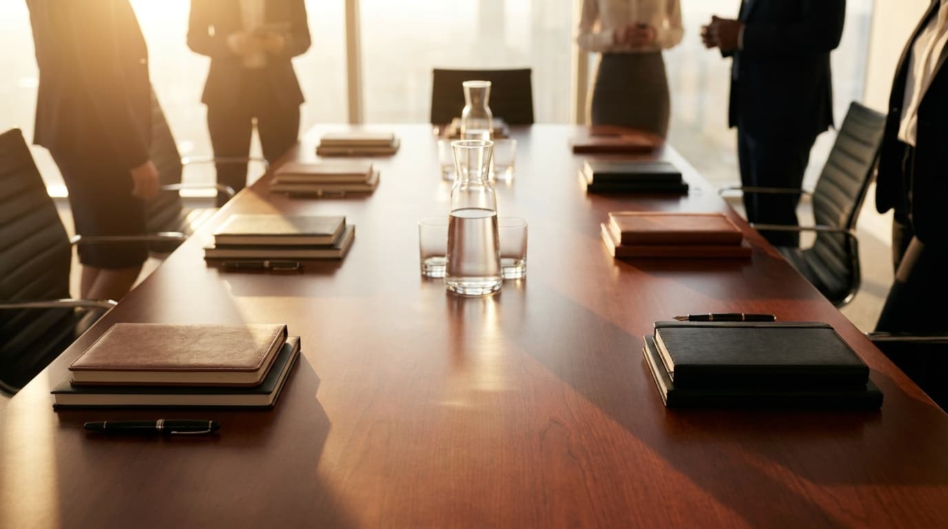 A professional boardroom table set for a high-stakes corporate meeting with laptops and notebooks.