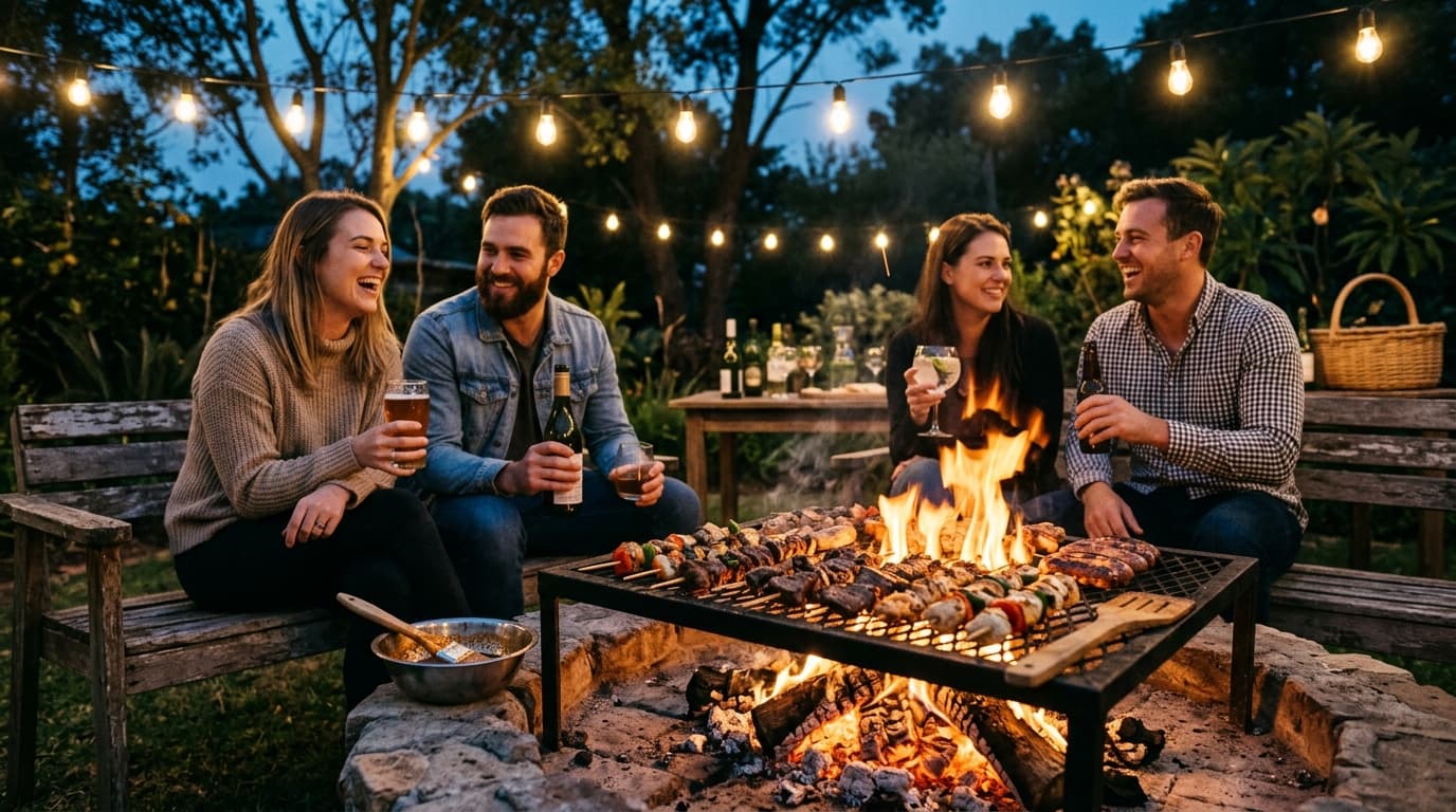Friends gathering around a roaring backyard fire pit in comfortable lounge chairs at sunset