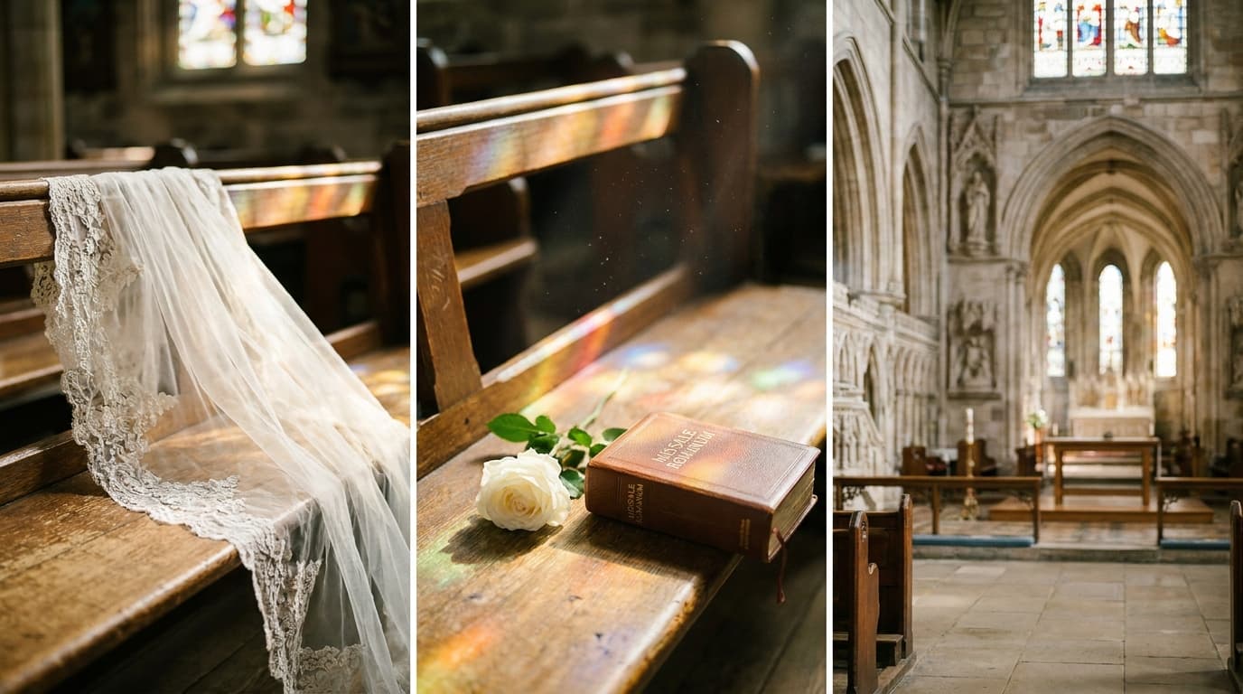 A couple standing at the altar in a grand cathedral during a Catholic wedding ceremony.