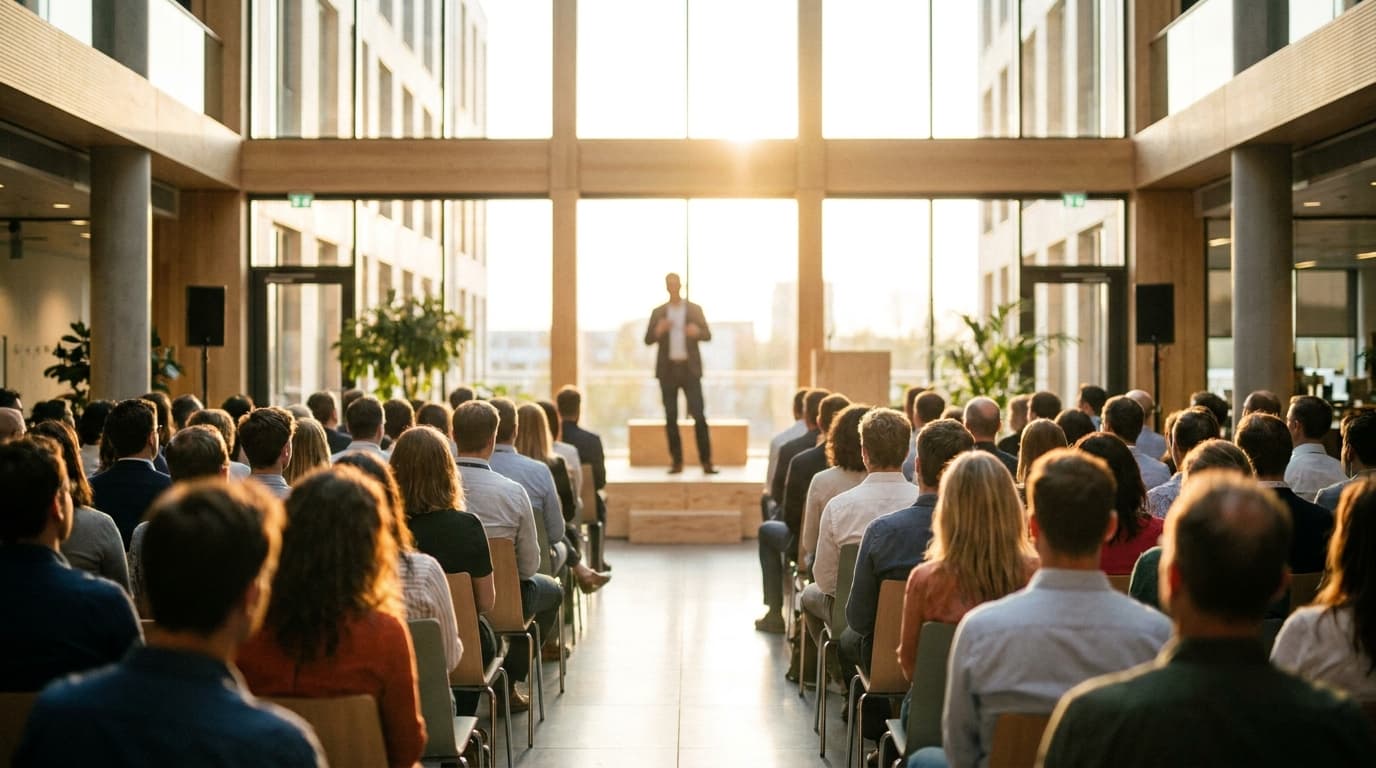 A CEO addressing employees during a company town hall meeting in an auditorium