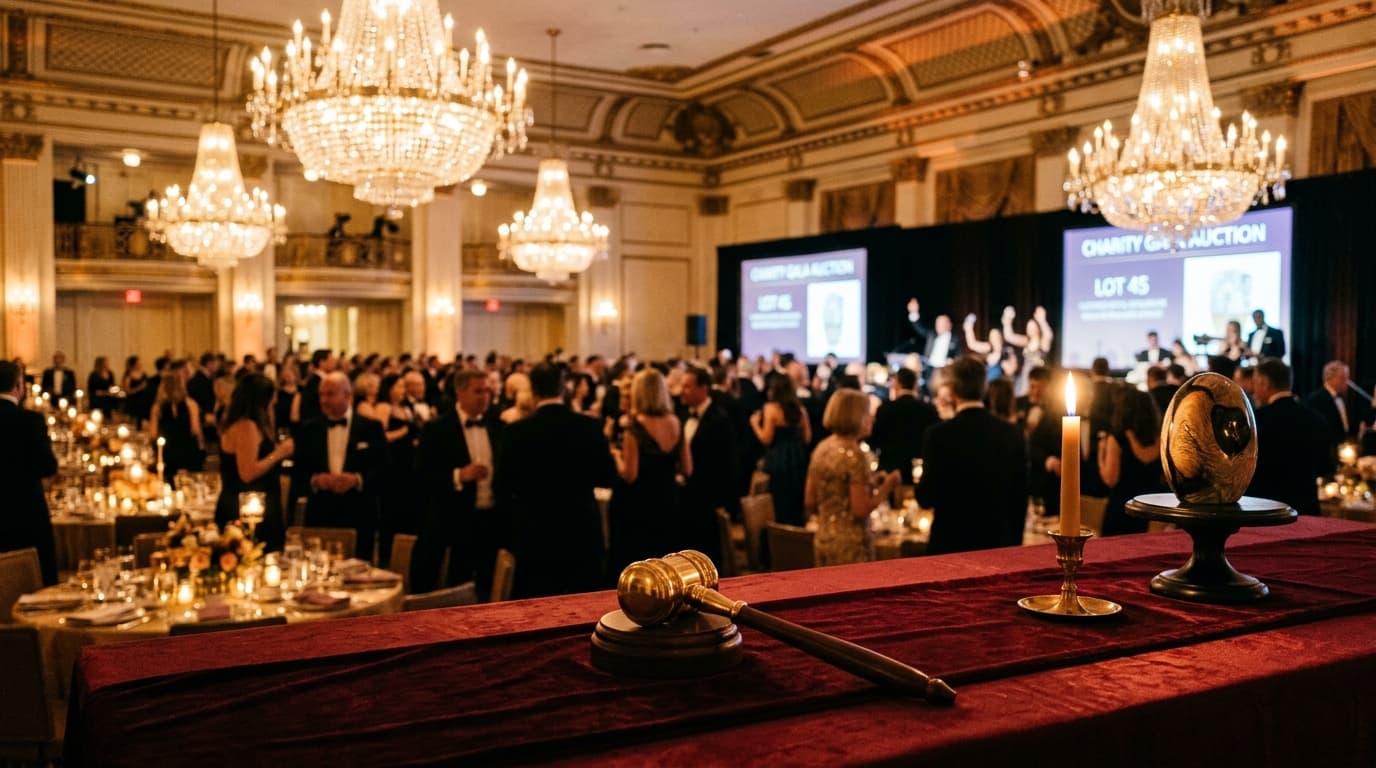 Guests at an elegant gala charity auction event holding up bid paddles during a high-stakes live auction block