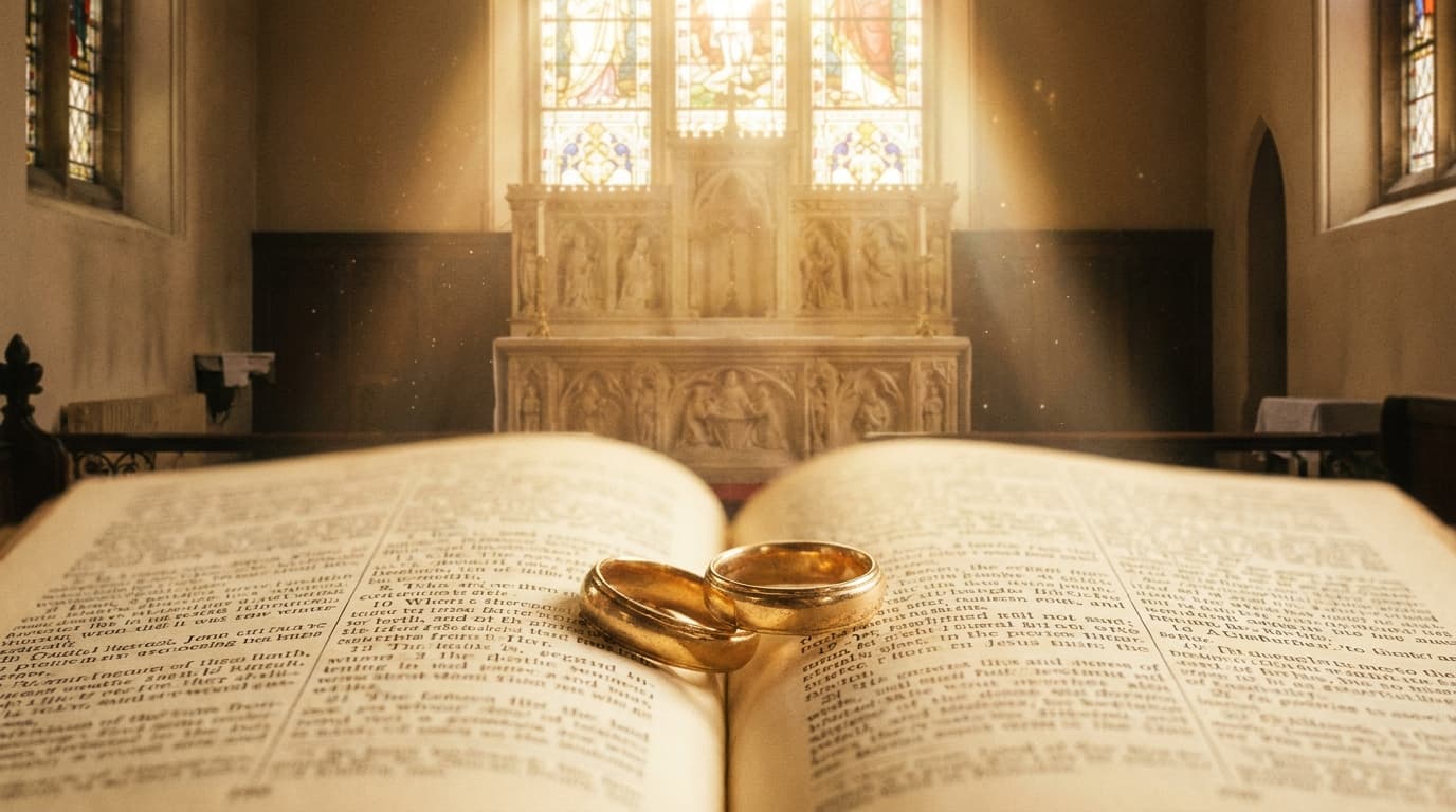 A bride and groom walking down the aisle after their ceremony, smiling at their guests in a bright, traditional church setting.