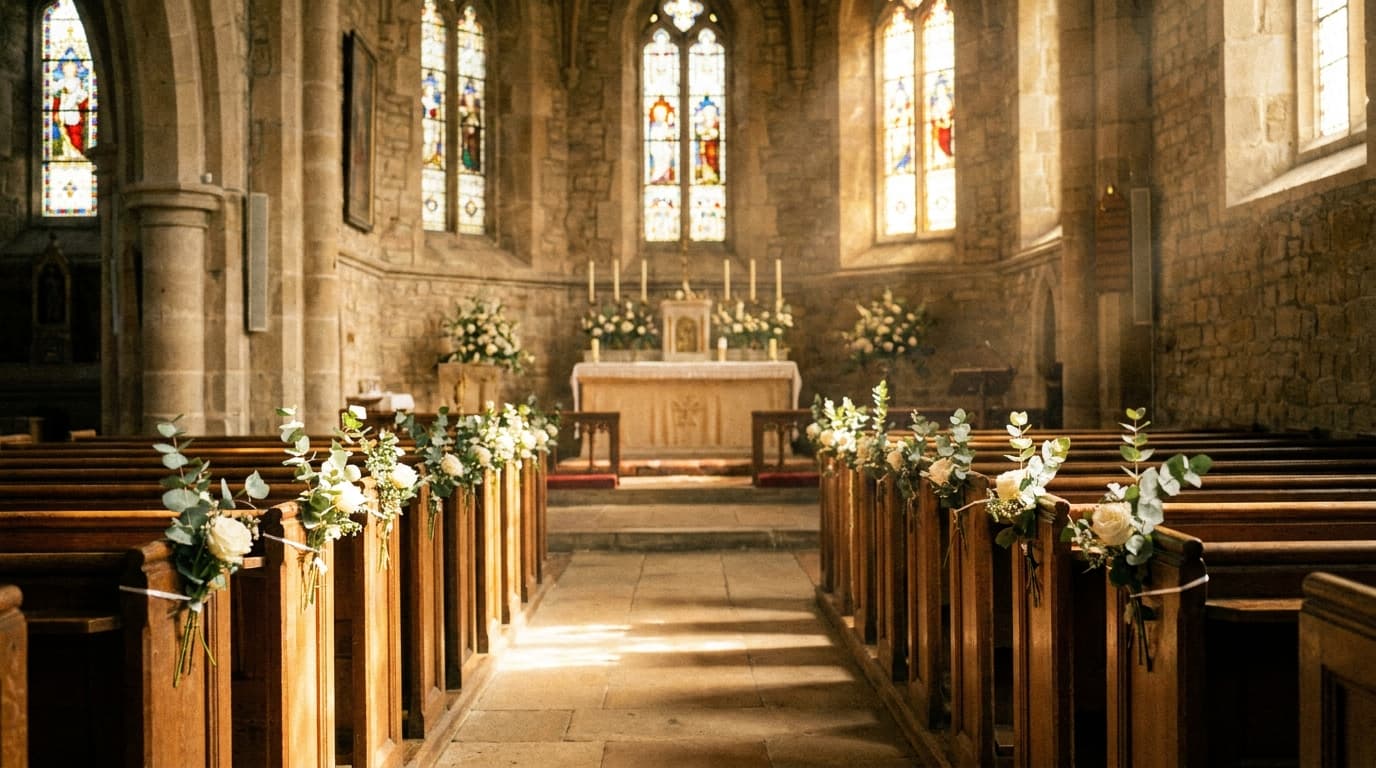 A bride and groom walking down the aisle of a historic church after their wedding ceremony.