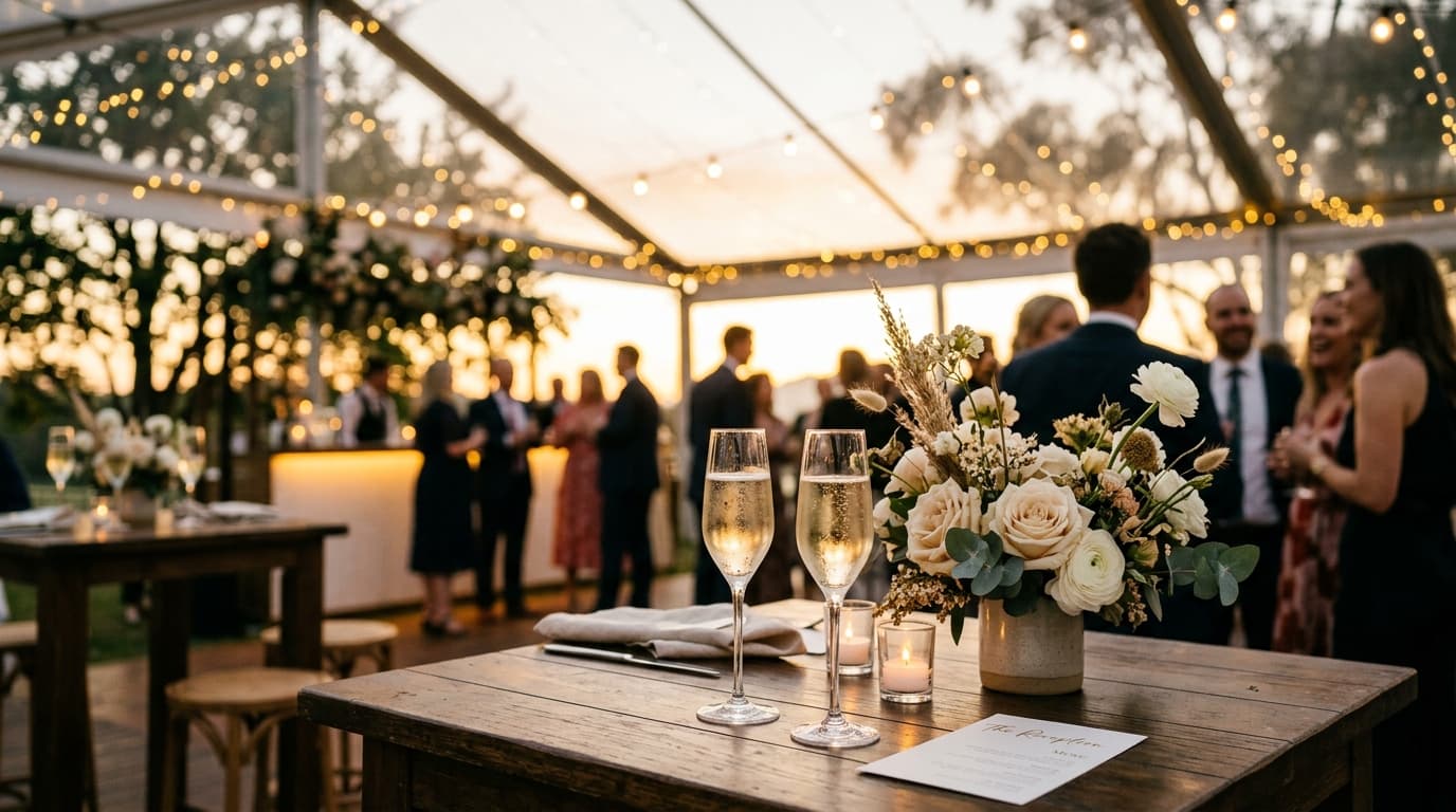 Executive host welcoming corporate guests at an elegant venue reception desk with name badges and cocktails