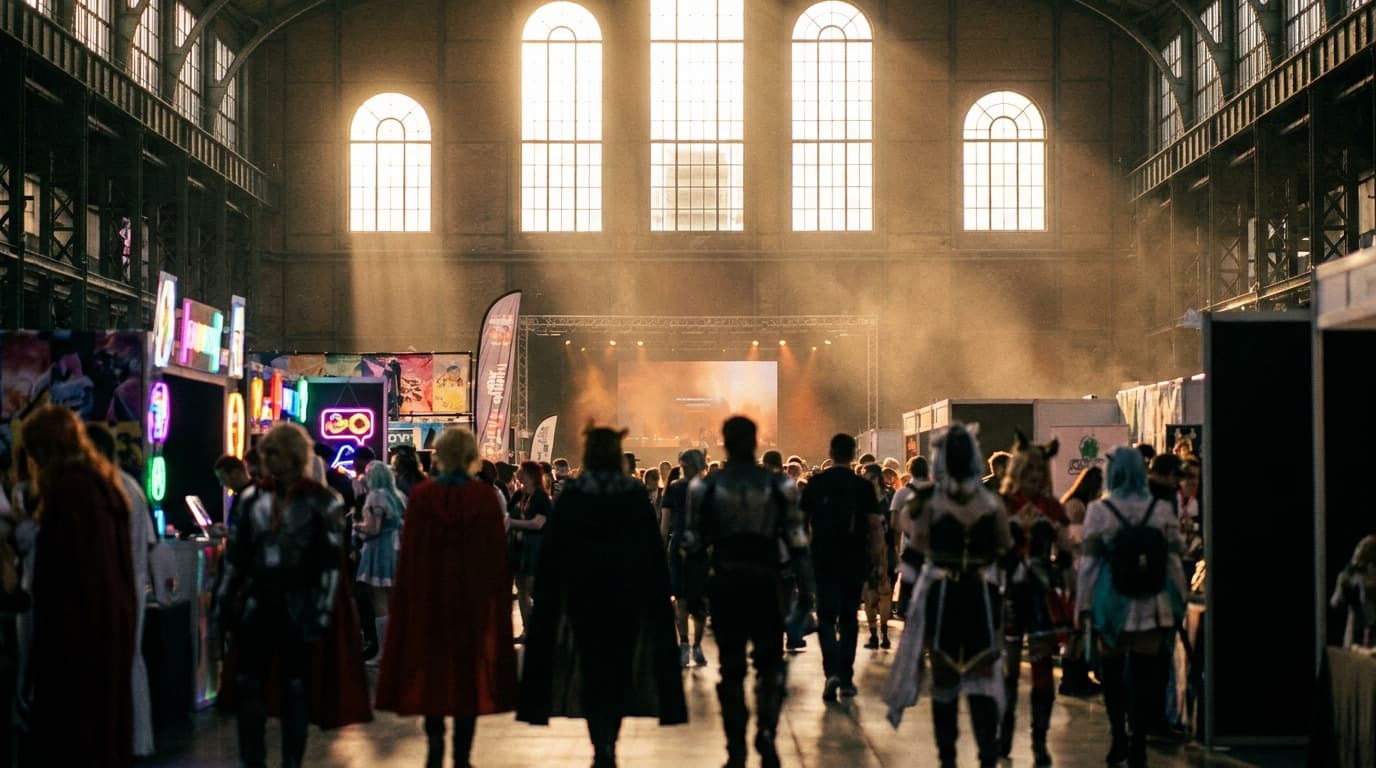 A bustling convention center floor with attendees in elaborate cosplay costumes walking between booths and stage areas.
