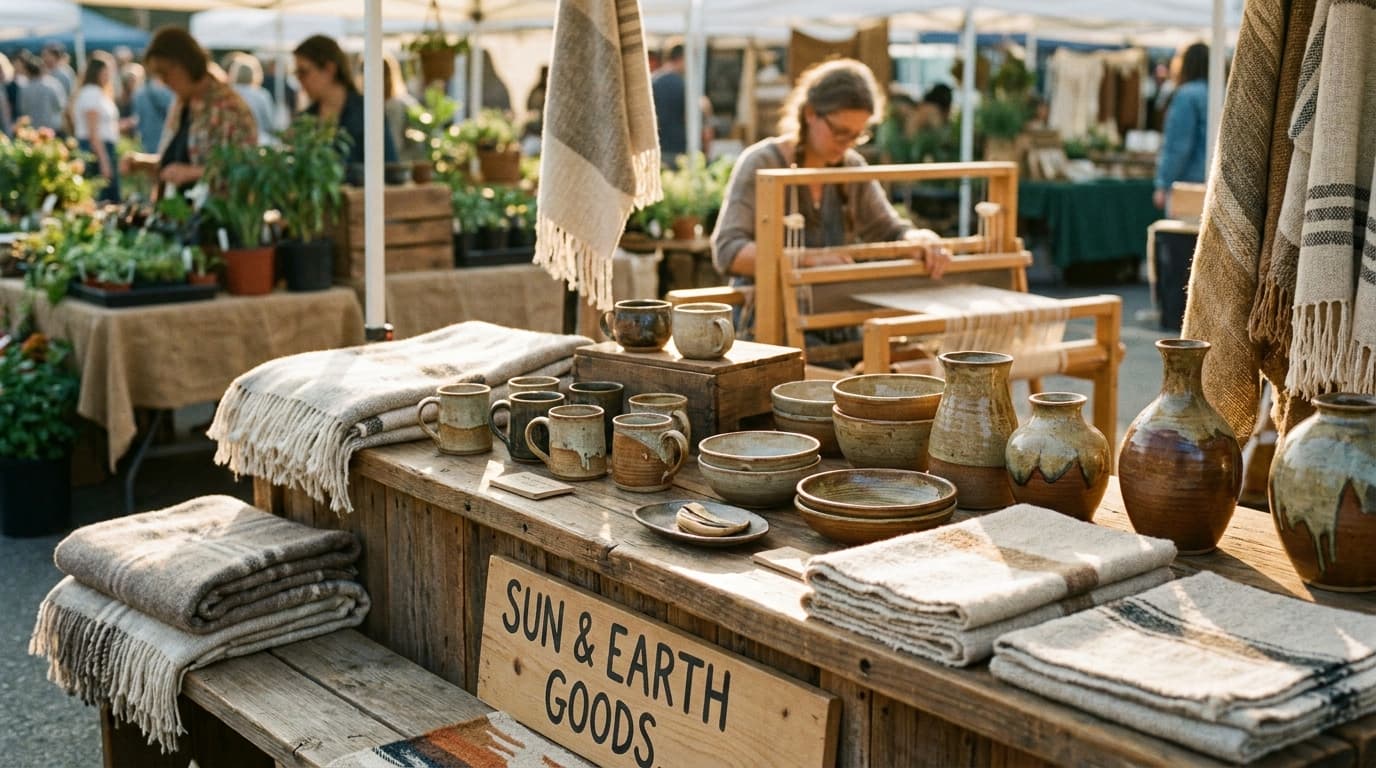 A bustling indoor craft fair with artists standing behind diverse handmade goods and visitors browsing booths.