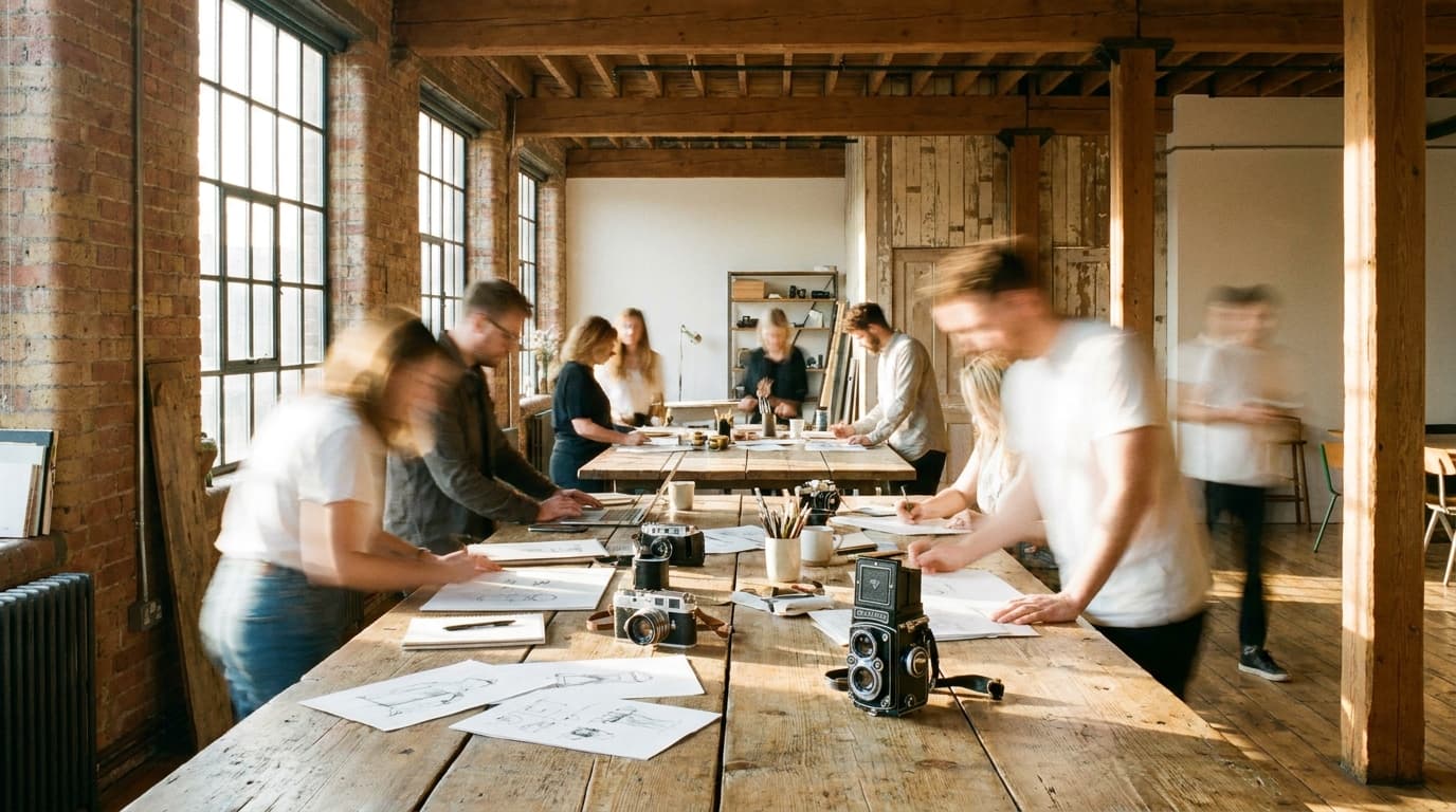 A bustling creative industry conference with attendees networking in a modern, well-lit venue space during a break.