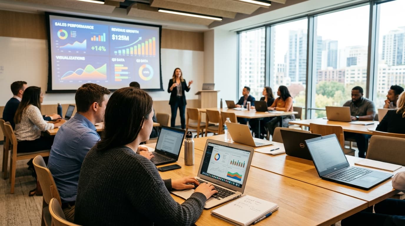 A presenter demonstrating software features on a projection screen during a corporate CRM rollout event training session.