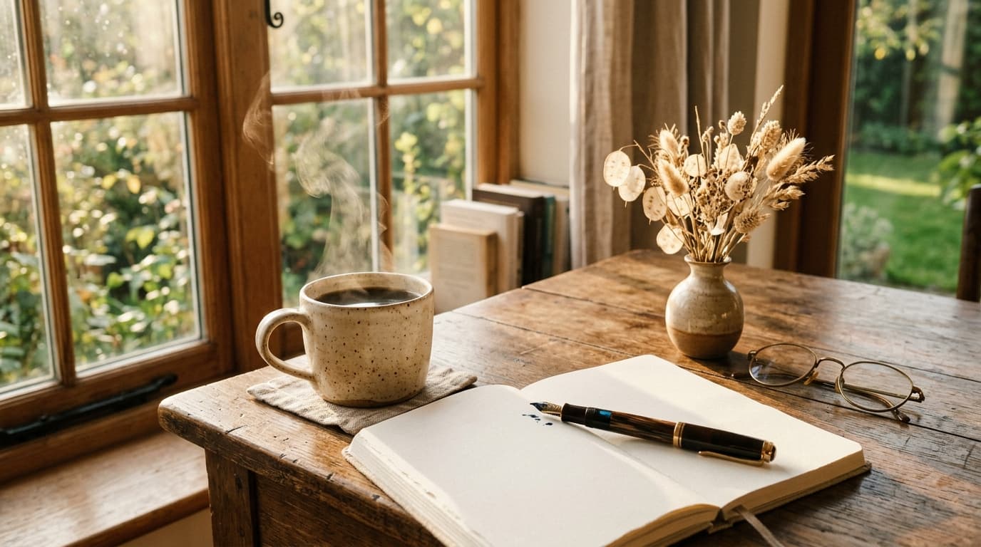 A structured daily agenda schedule on a desk with a warm cup of coffee, notebook, and digital tablet