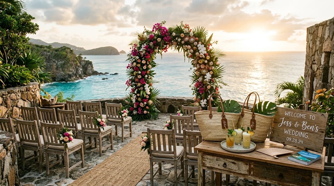Guests enjoying welcome drinks on a tropical resort terrace at sunset during a destination wedding travel weekend.