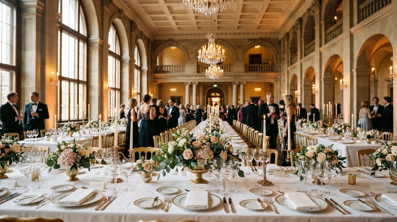 An decorated embassy banquet room setup with flags, formal floral centerpieces, and seating arrangements for state delegates.