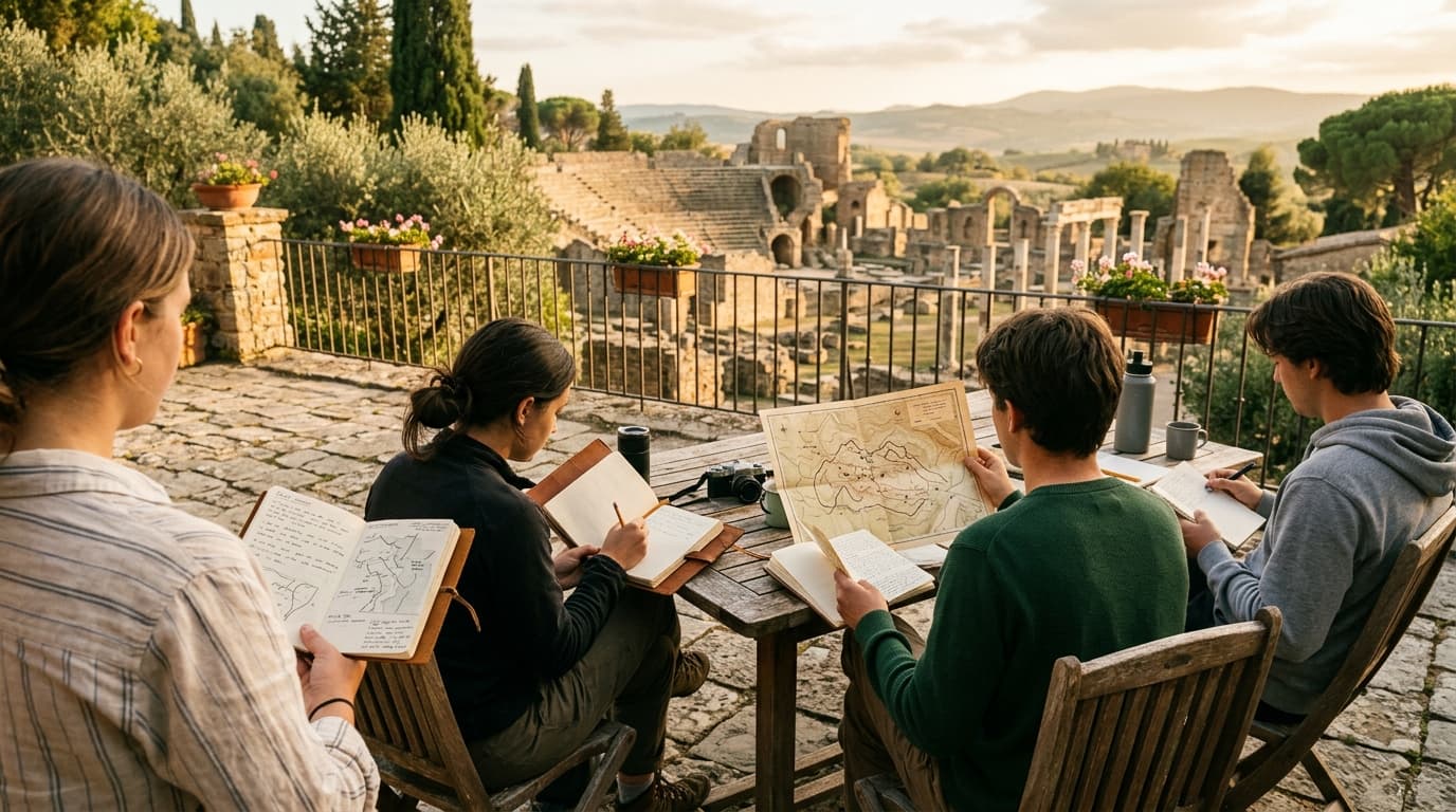 A teacher and group of high school students reviewing logbooks outside an educational museum building.