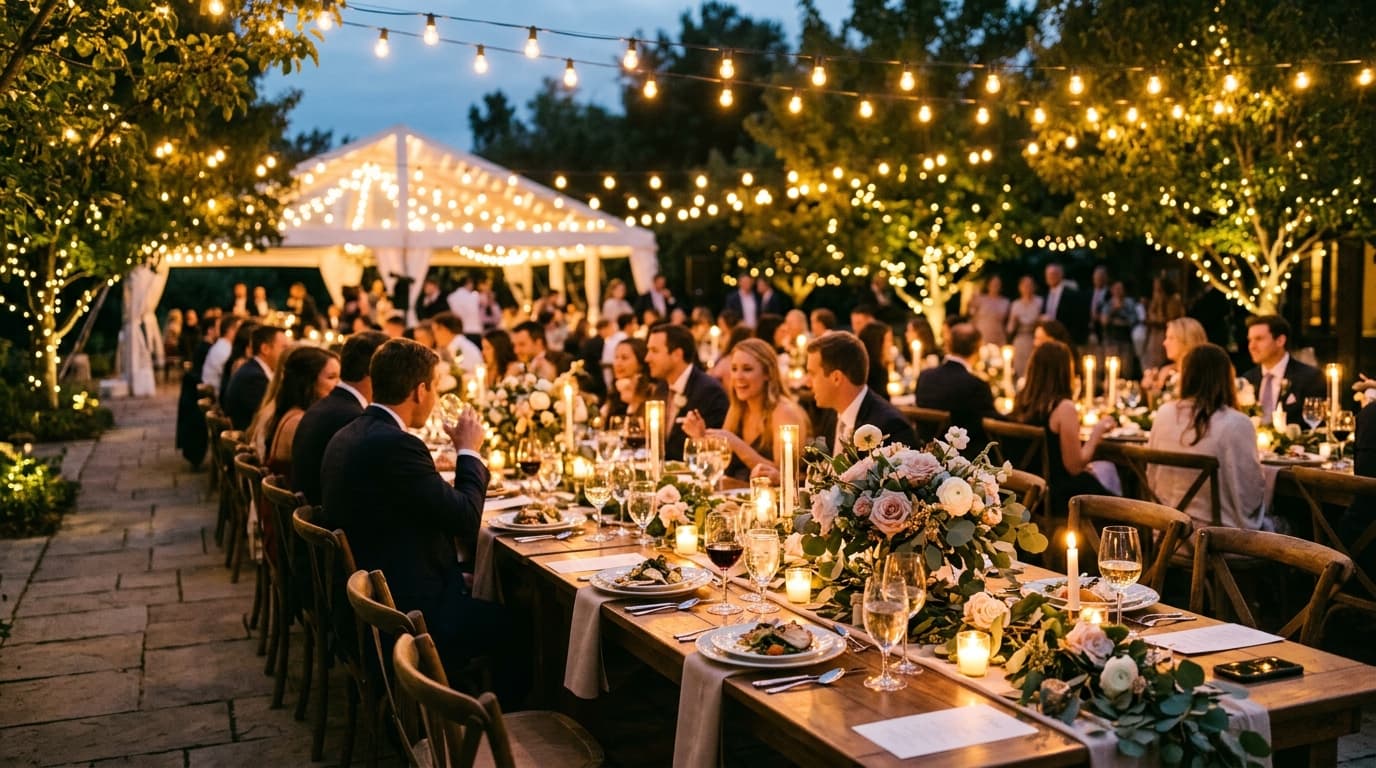 An outdoor evening wedding reception with string lights hanging over dining tables at dusk