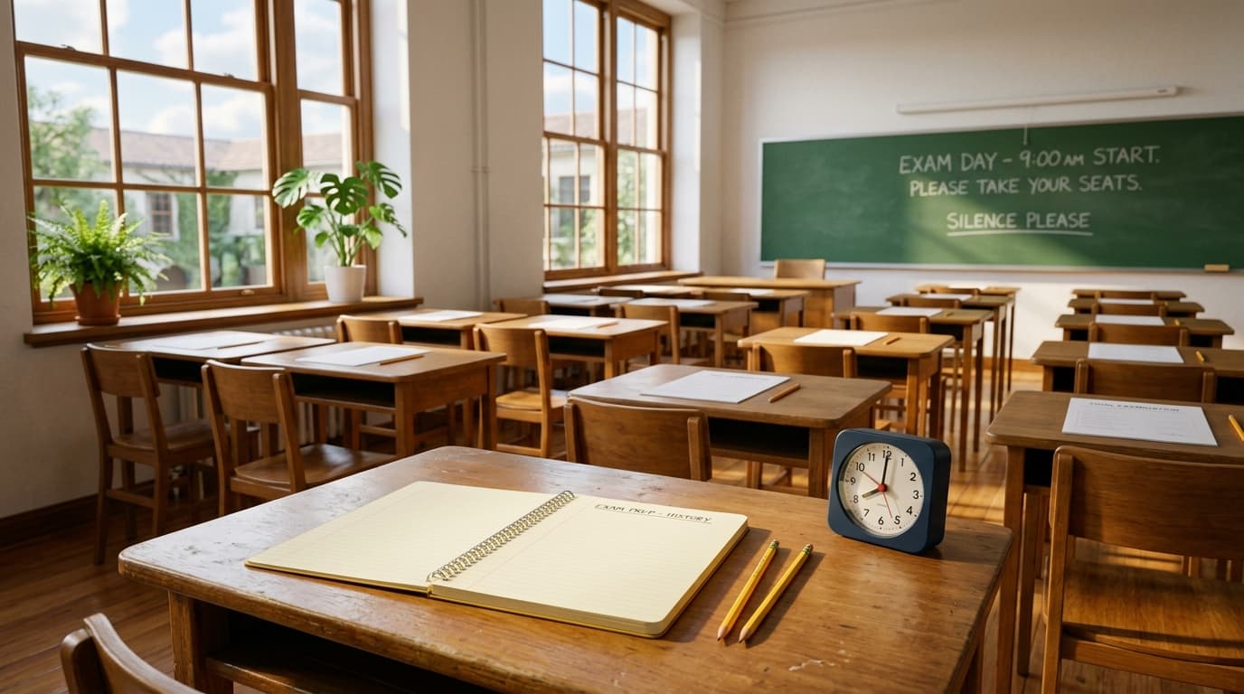 Students seated in an organized university hall taking written exams under the supervision of invigilators.