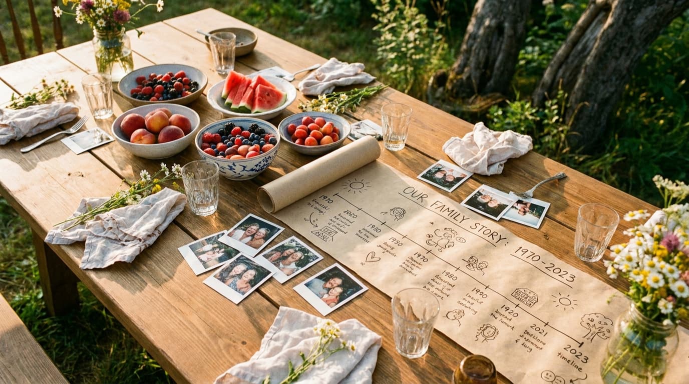 A diverse family group laughing and talking together at an outdoor park reunion