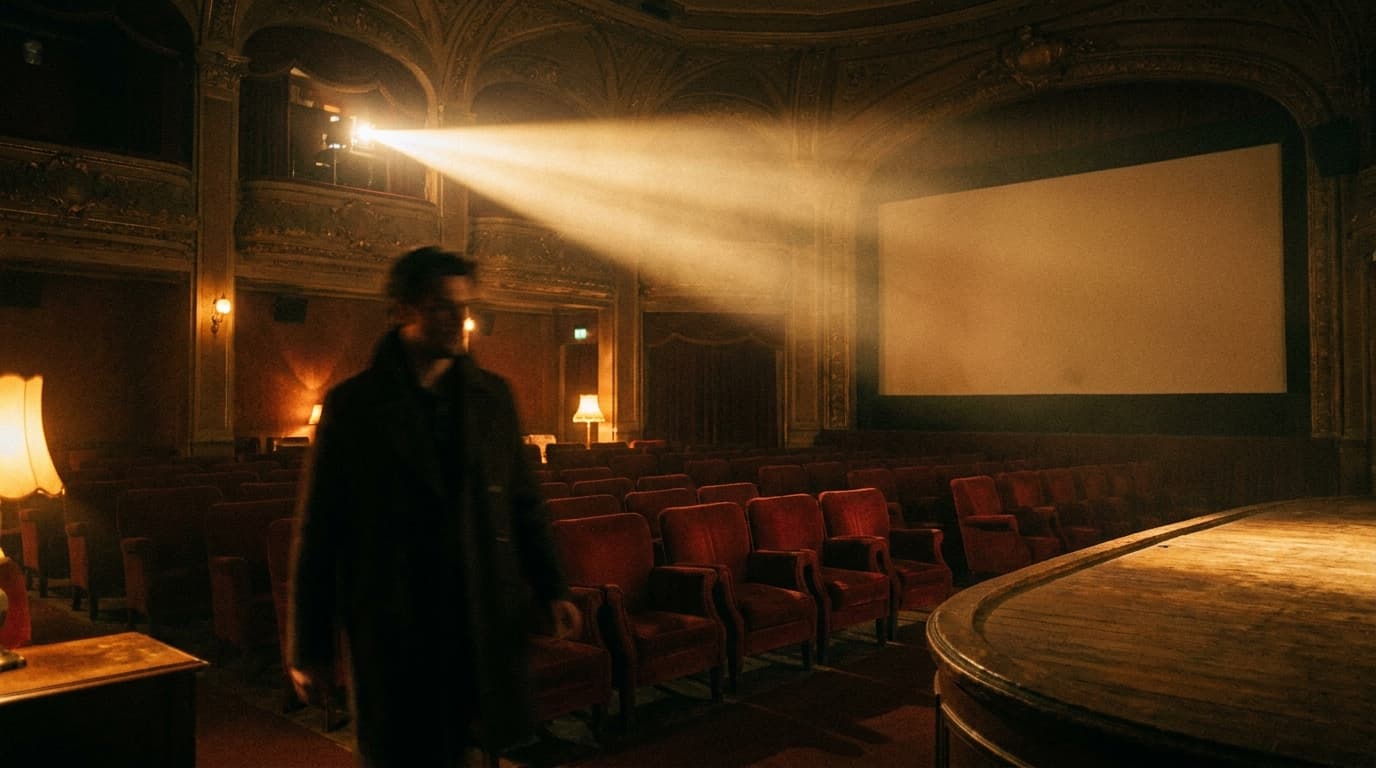 An audience sitting in a dark theater looking at a large screen with a warm glow from the stage lights.