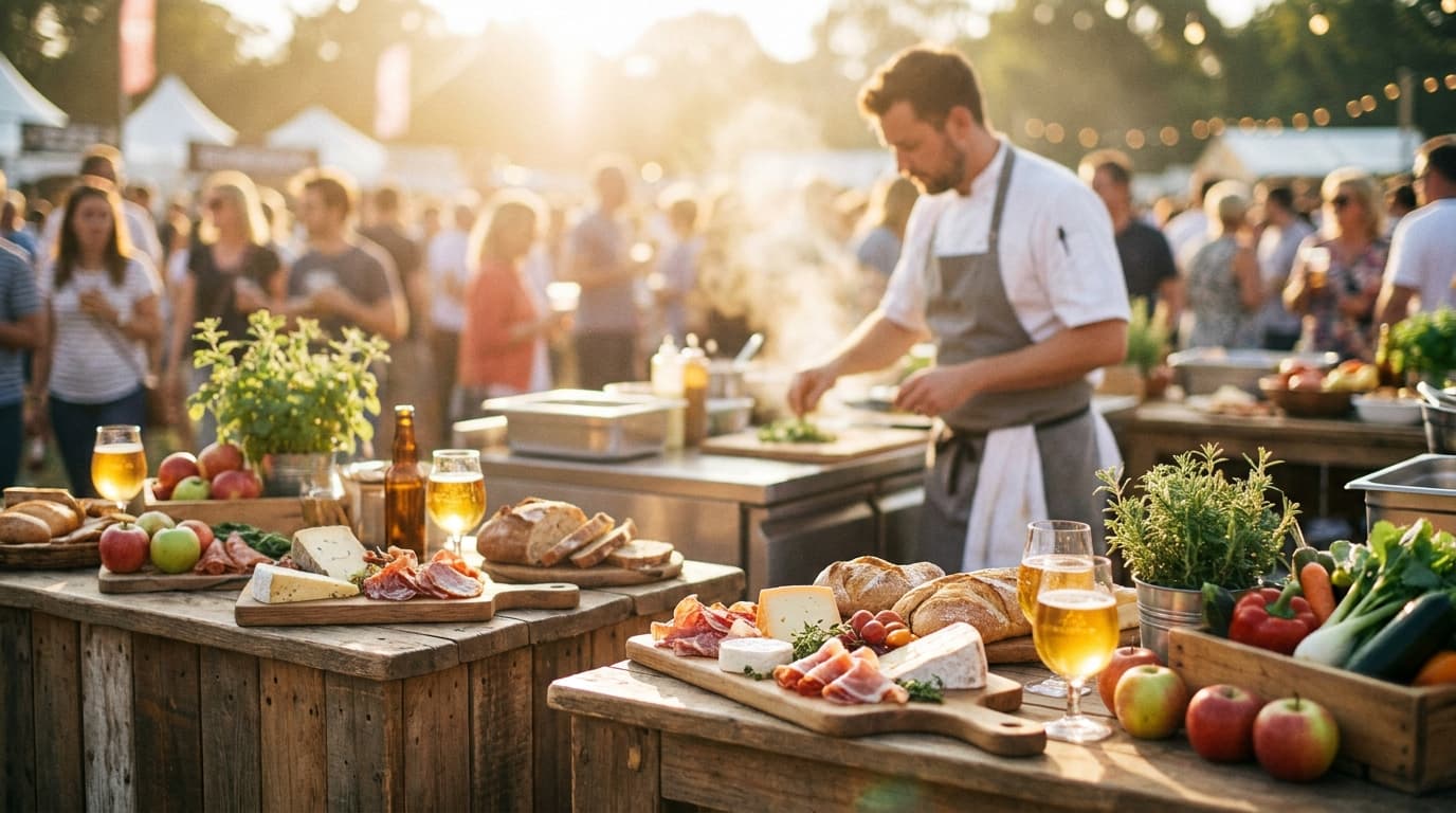 An overhead view of a bustling outdoor food festival with white tents, crowds, and food stalls.