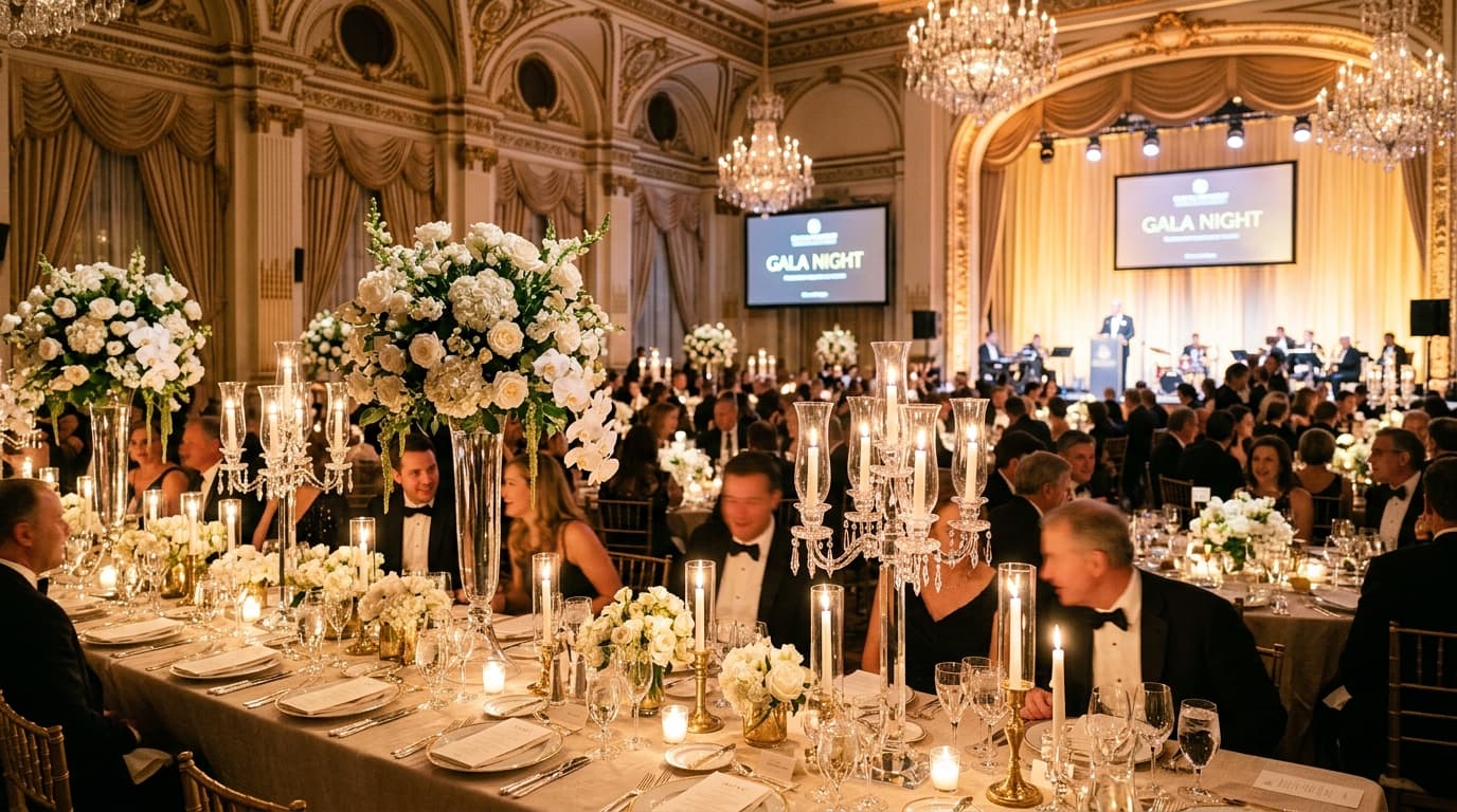 An elegantly set ballroom with golden lighting, circular dinner tables, and a illuminated main stage prepared for a fundraising gala.
