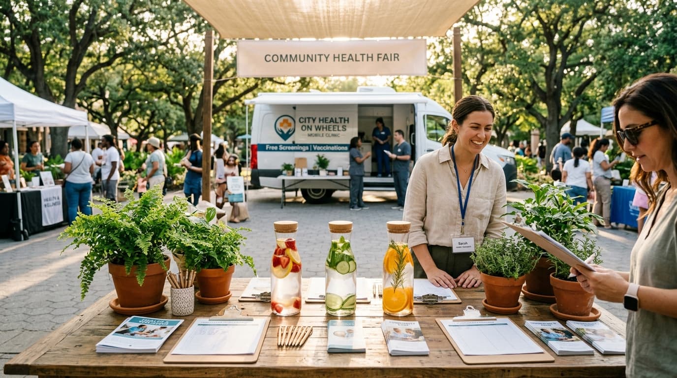 Community health workers and medical staff setting up outdoor health screening tents and mobile clinic units in a city plaza.