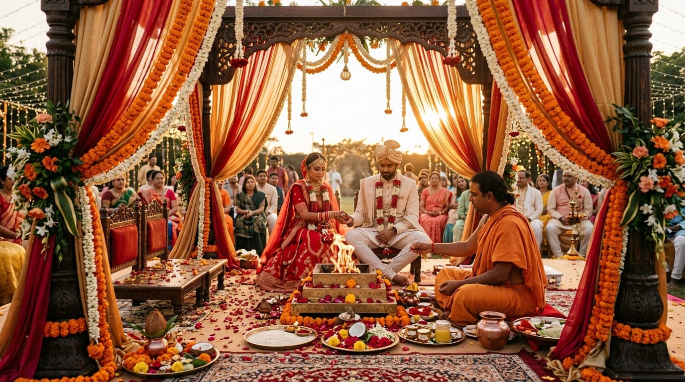 A bride and groom in traditional red and gold attire exchanging floral garlands under a decorated mandap.
