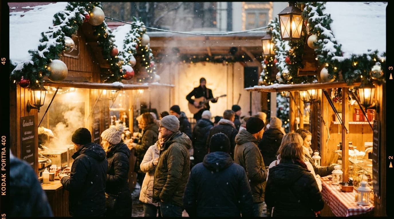 A vibrant outdoor holiday market with festive lights, decorated stalls, and crowds of people enjoying seasonal activities.