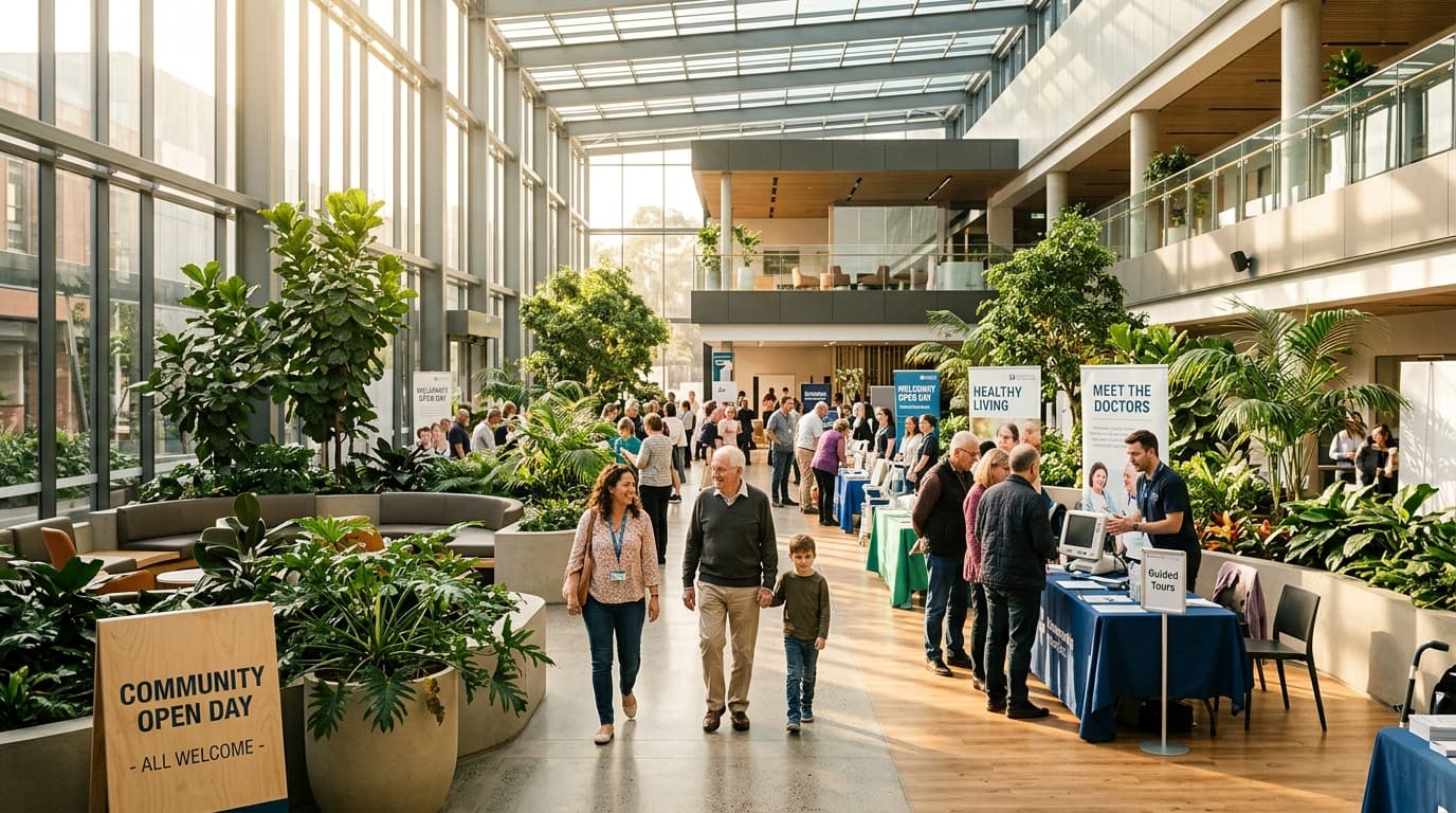A doctor greeting community members and families in a brightly lit hospital atrium during a public open day.